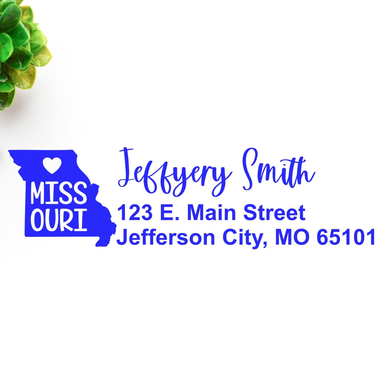 State Love of Missouri Custom Address Stamp Self-Inking in blue ink, featuring a heart and state outline, with personalized address for Jeffery Smith, Jefferson City, MO, on white background.