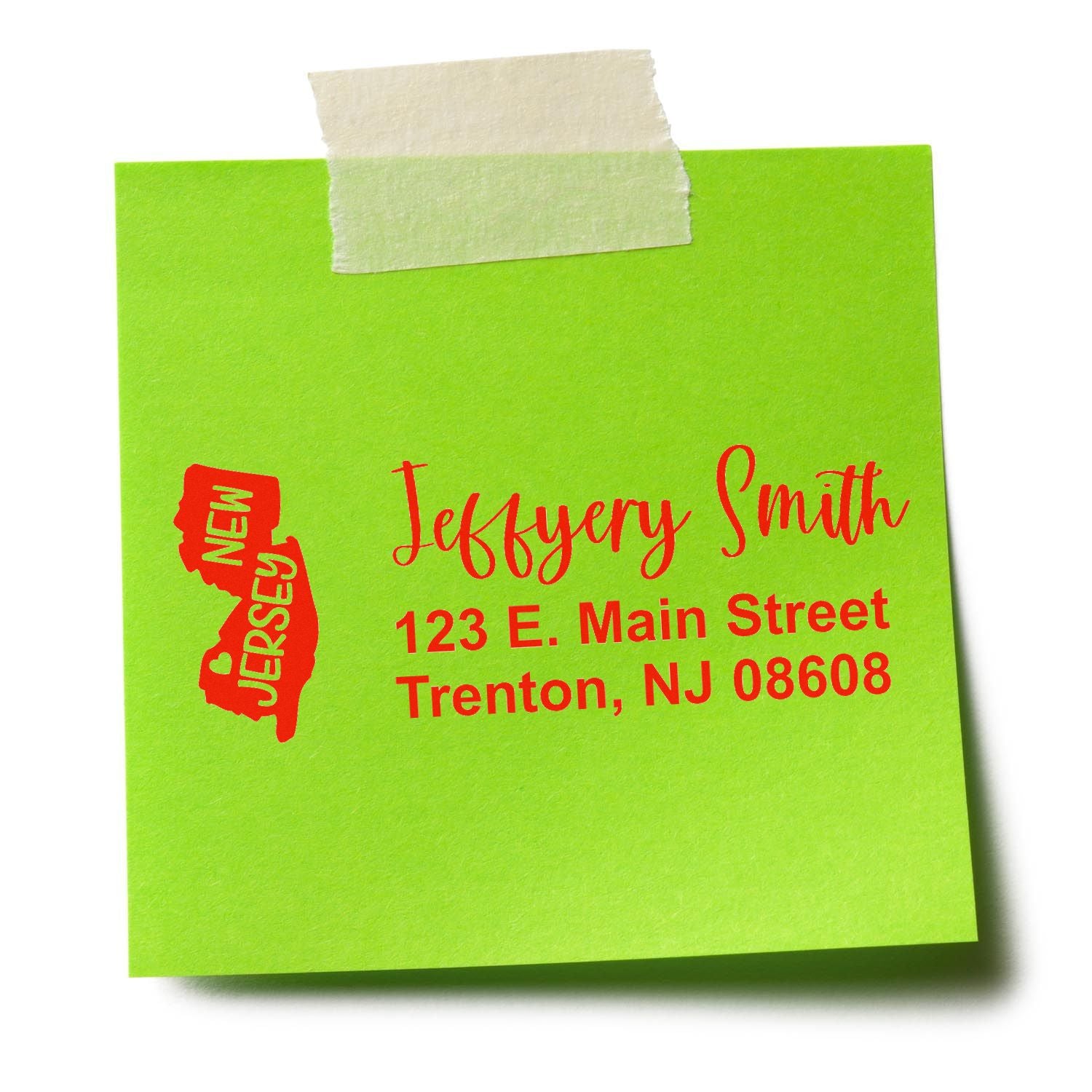 Bright green note with red text featuring the New Jersey State Love Personalized Address Stamp design, showing a map outline and address: Jeffery Smith, 123 E. Main Street, Trenton, NJ 08608.