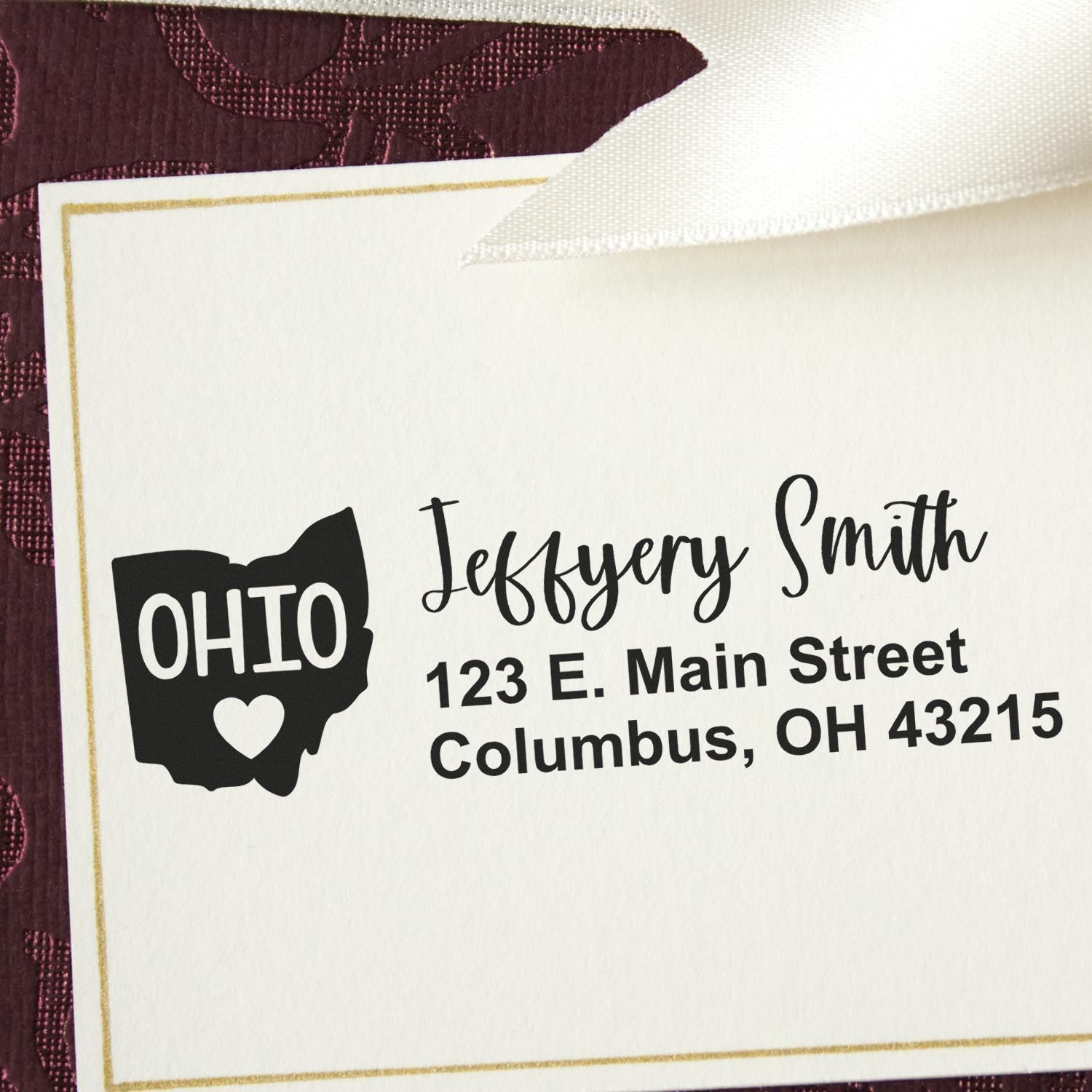 Ohio State Love Personalized Address Stamp on an envelope, featuring a heart inside the Ohio state outline, with the name Jeffery Smith and address in Columbus, OH.