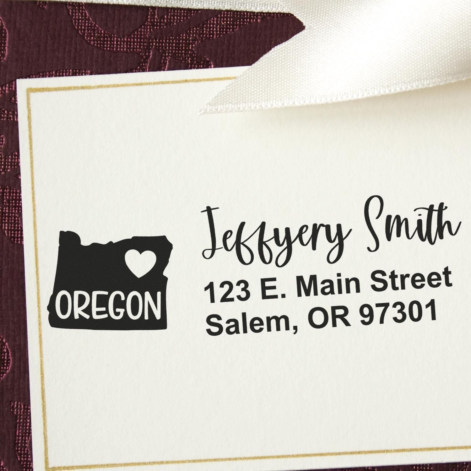 Oregon State Love Personalized Address Stamp on a card with Jeffery Smith, 123 E. Main Street, Salem, OR 97301 in elegant font, featuring a heart and Oregon state outline.