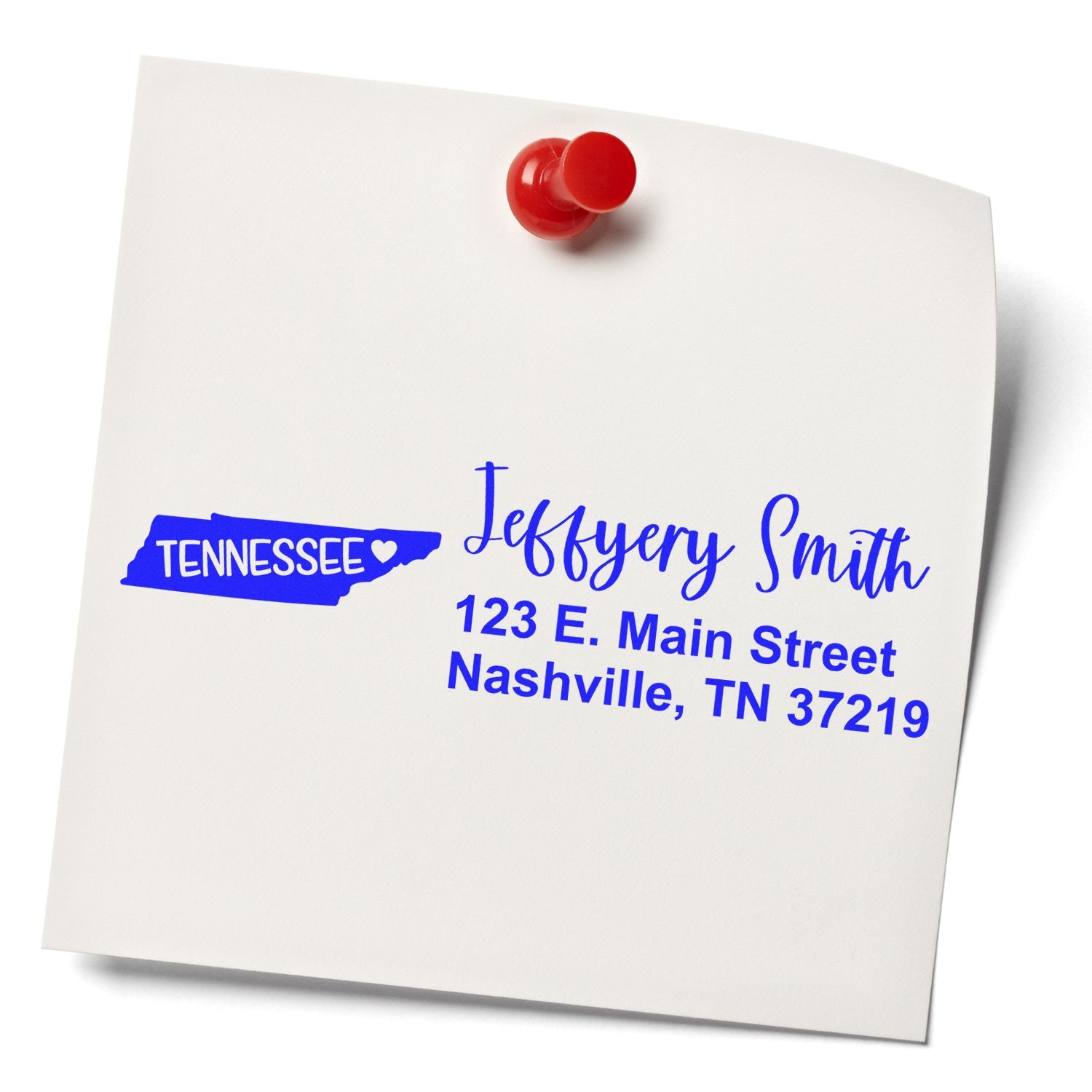 Tennessee State Love Personalized Address Stamp on a white note with a red pushpin, featuring a blue Tennessee map and address for Jeffery Smith, 123 E. Main Street, Nashville, TN 37219.