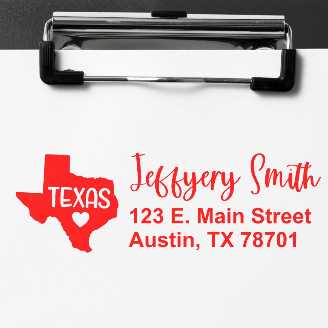 PSI Pre-Inked Texas State Love Customized Address Stamp on paper, featuring a red Texas outline with a heart and personalized address in red text.