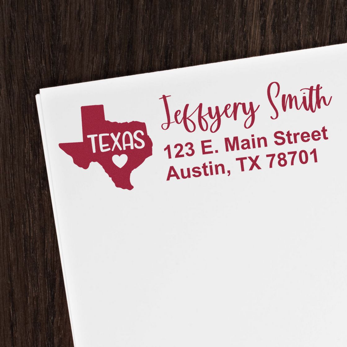 State Love of Texas Custom Address Stamp Self-Inking on white envelope, featuring a red Texas map with heart and personalized address in elegant script. Perfect for adding a personal touch to mail.