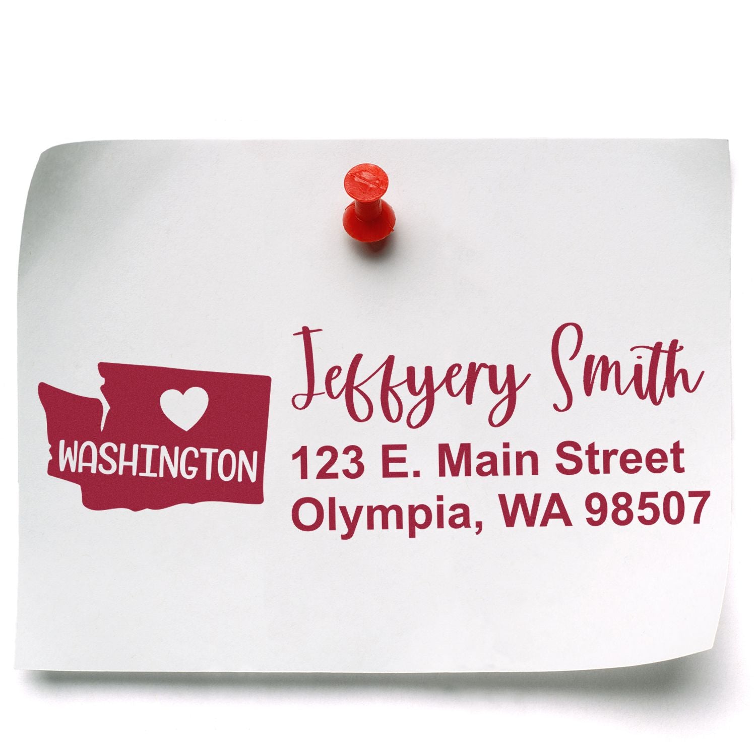 Slim Washington Custom Address Stamp for Envelopes displayed on white paper with red text, featuring a heart and state outline, pinned with a red pushpin.