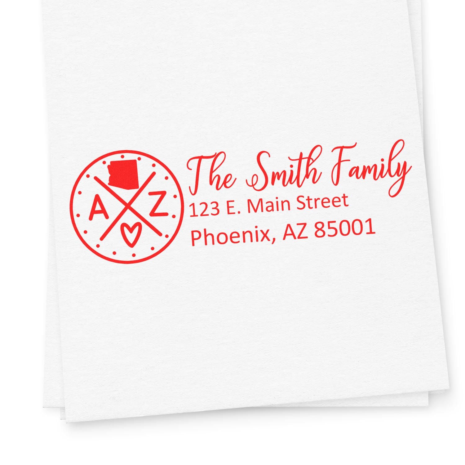 Red PSI Pre-Inked Arizona State Pride Customized Address Stamp on white paper, featuring The Smith Family with an Arizona-themed design and address in Phoenix, AZ.