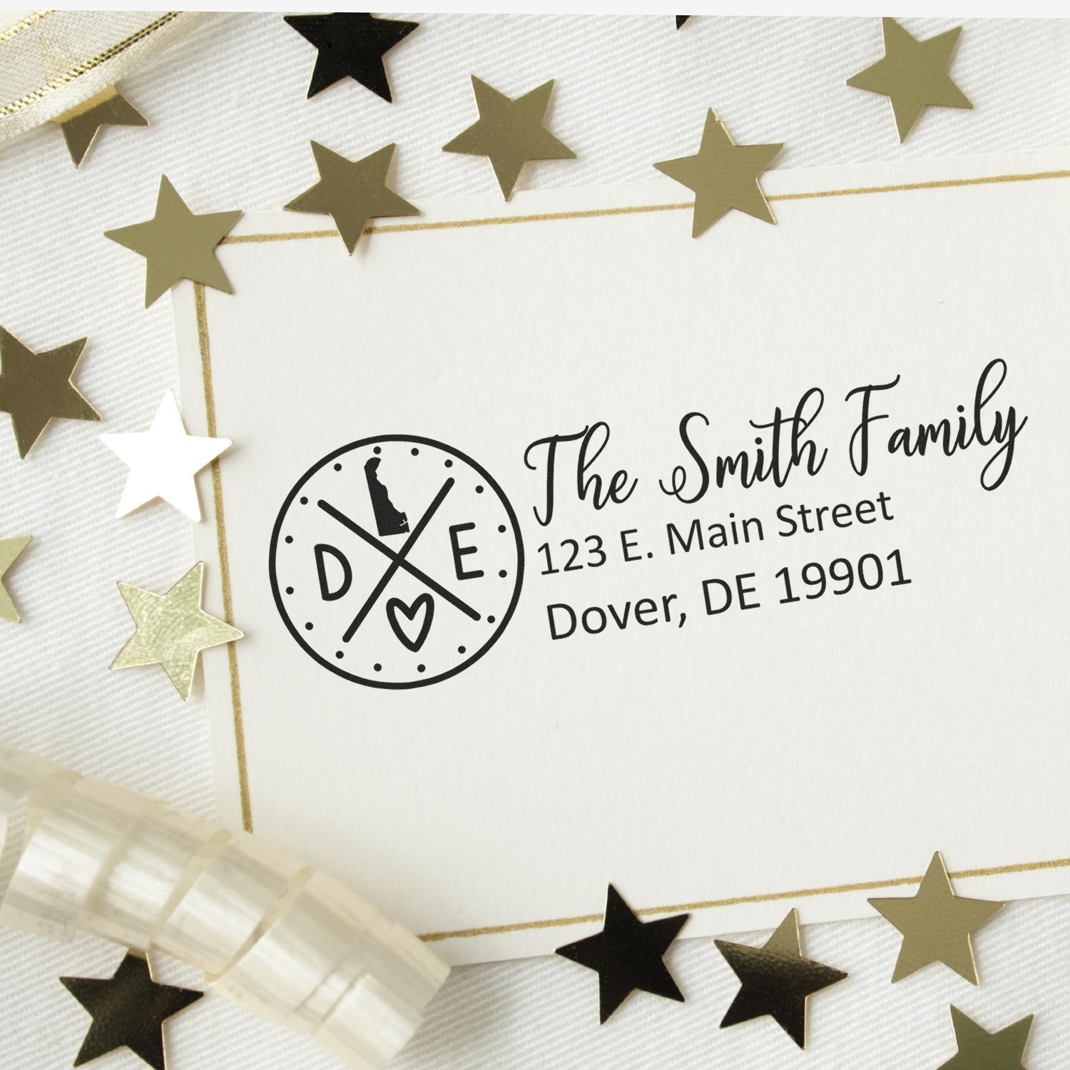 Delaware State Pride Customized Address Stamp on a card with The Smith Family and address, surrounded by gold stars and ribbon, showcasing elegant design and personalization.