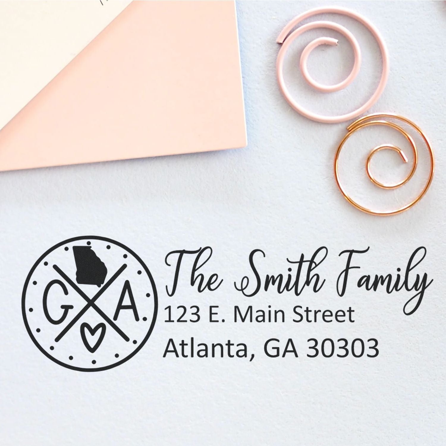 Georgia State Pride Customized Address Stamp featuring The Smith Family with a Georgia outline, address, and decorative spirals on a light background.