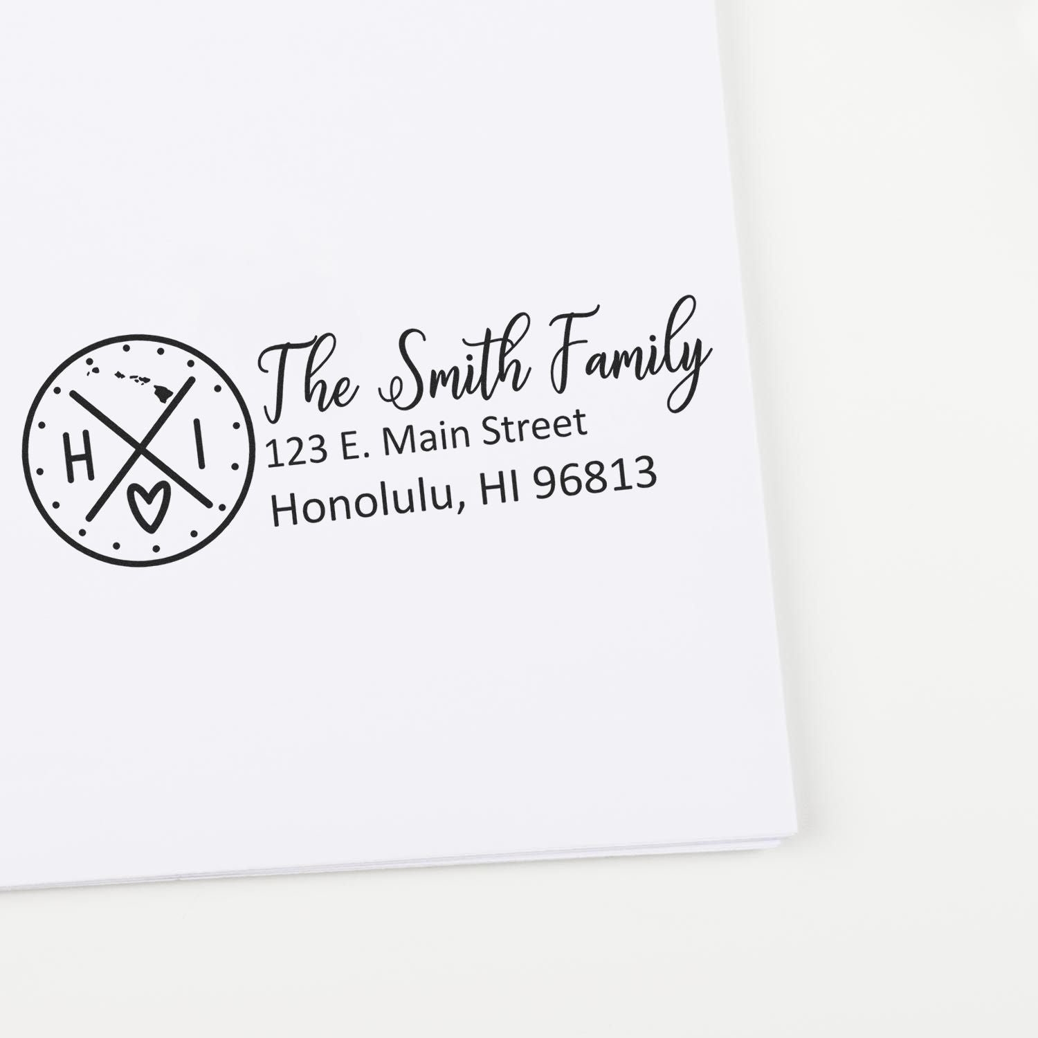 PSI Pre-Inked Hawaii State Pride Customized Address Stamp on white paper, featuring a circular HI design and personalized address for The Smith Family in Honolulu, HI.