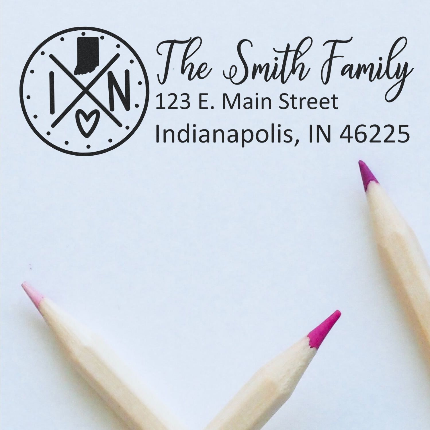 Self-Inking State Love of Indiana Custom Address Stamp featuring The Smith Family address design, with two pencils on a light background. Perfect for personalized stationery and mail.