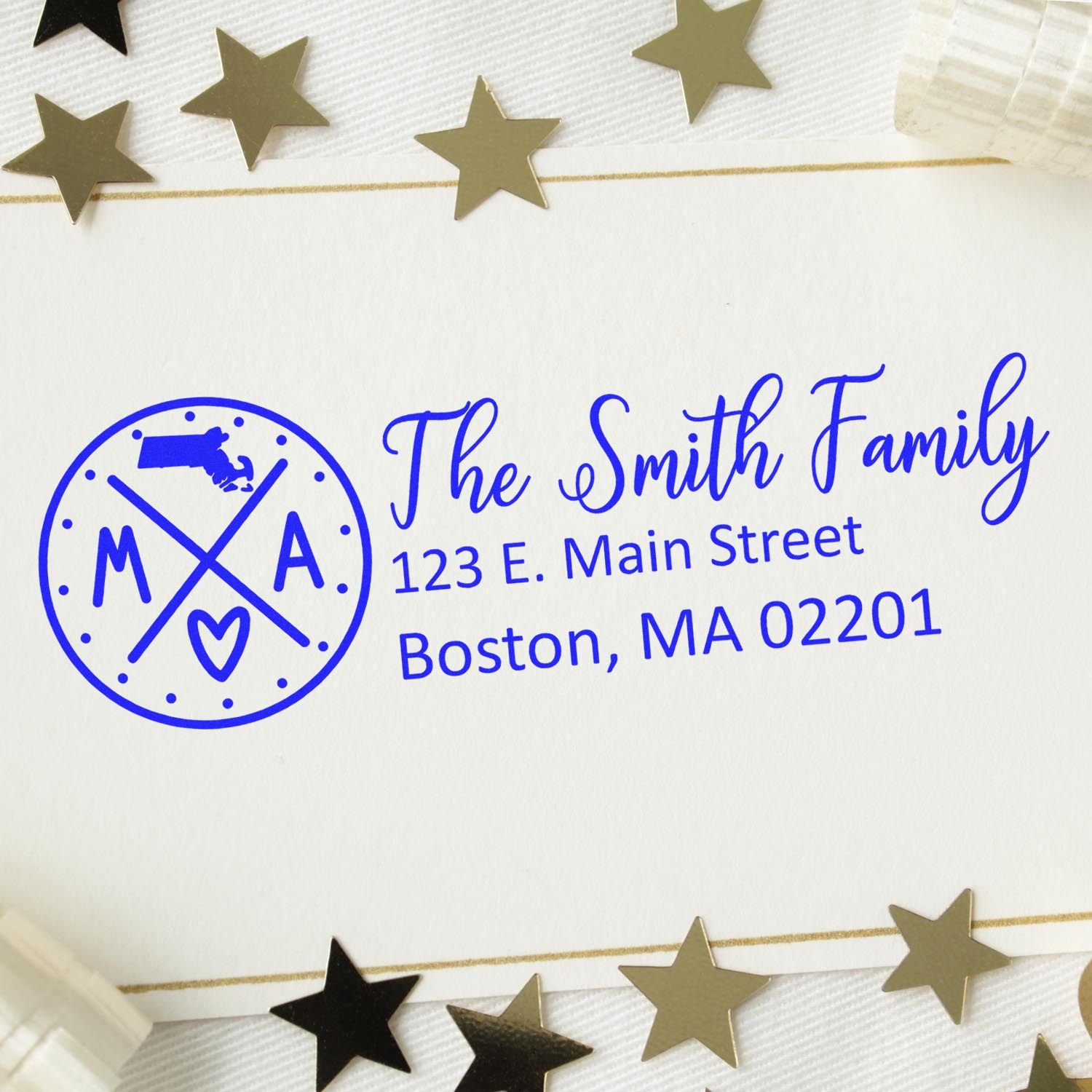 Massachusetts State Pride Customized Address Stamp featuring a blue design with state outline, personalized family name, and address. Surrounded by gold stars on a white background.