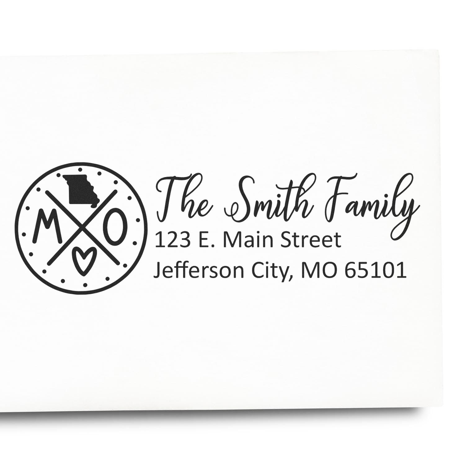 Missouri State Pride Customized Address Stamp featuring a circular design with MO and a heart, personalized with The Smith Family and address in elegant script.