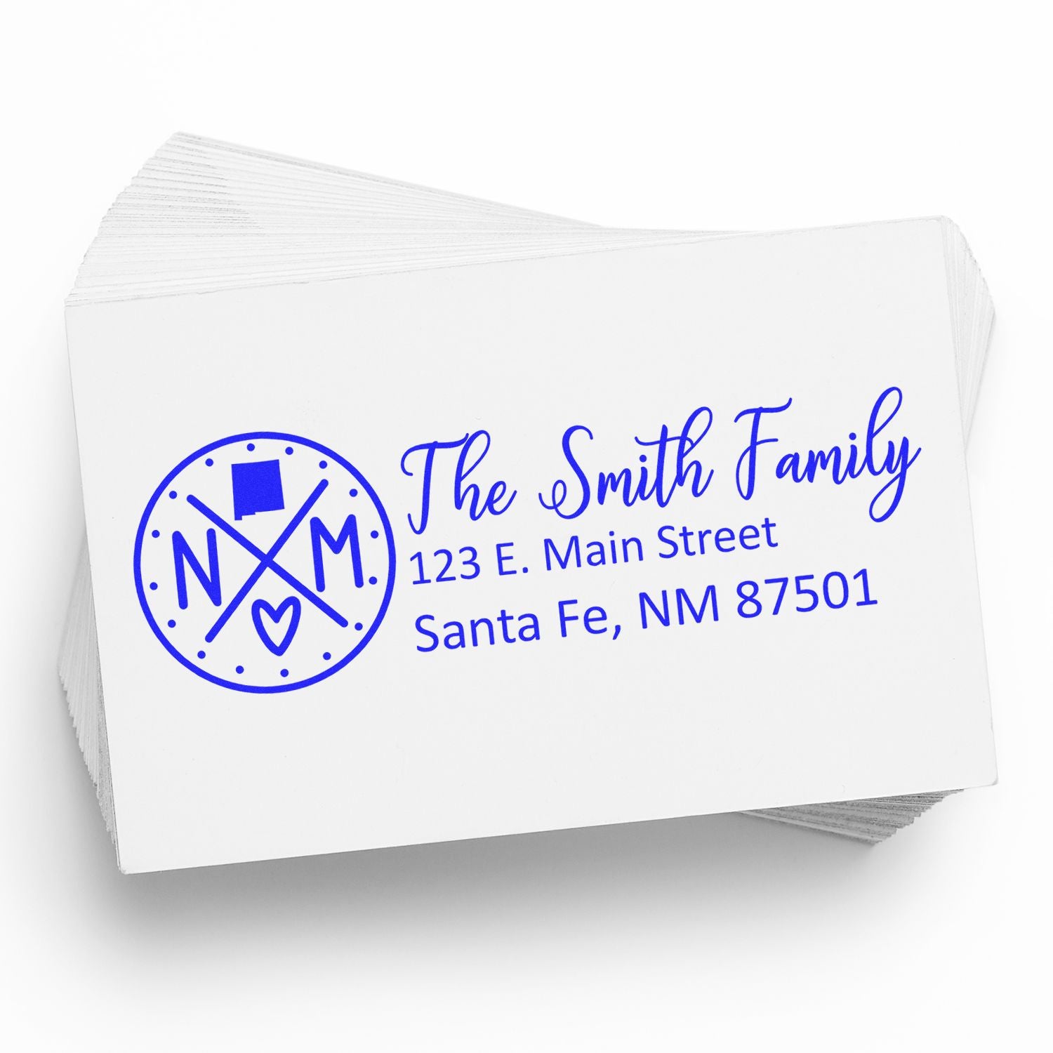 New Mexico State Pride Customized Address Stamp featuring a blue design with The Smith Family and an address in Santa Fe, NM. Perfect for personalizing mail with state pride.