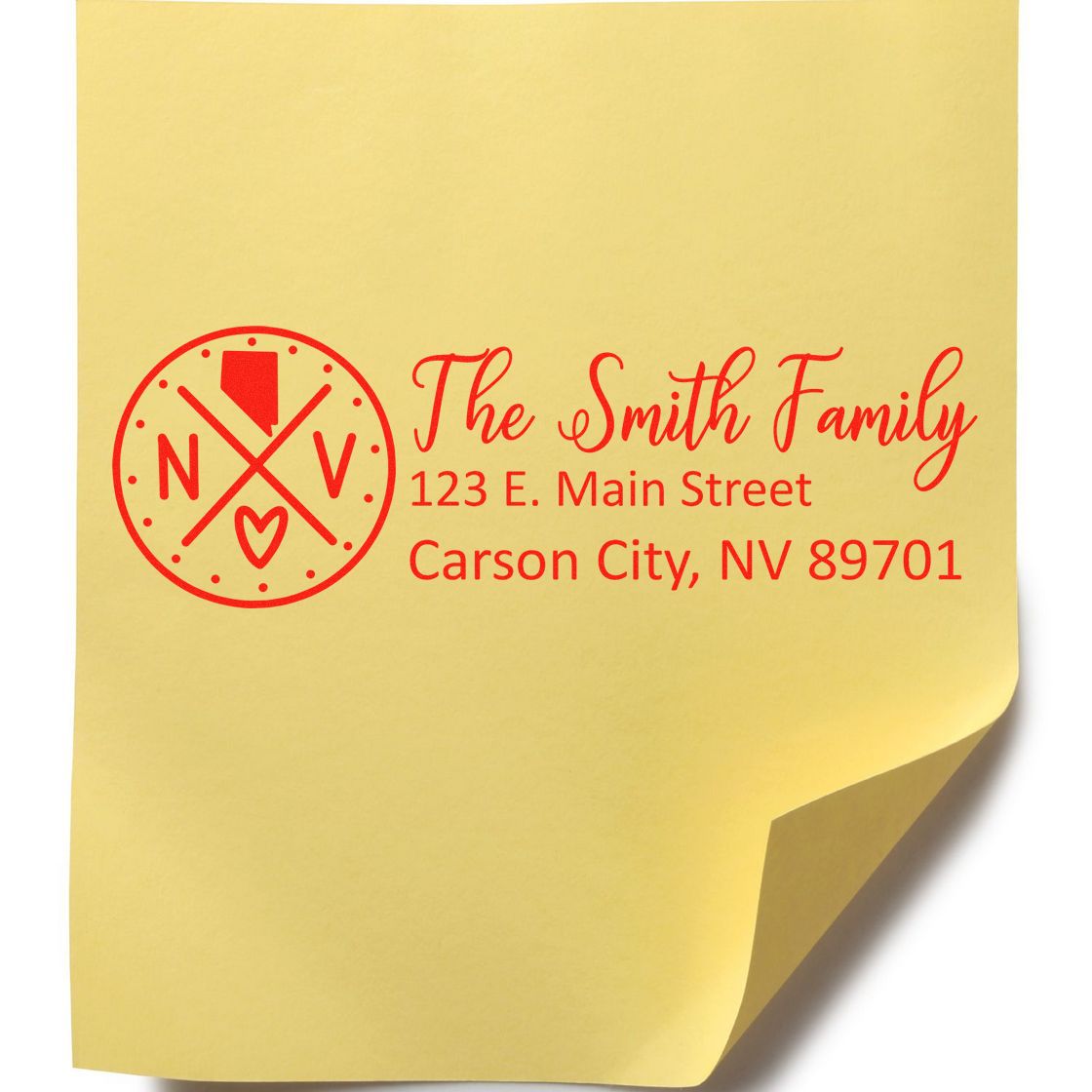 PSI Pre-Inked Nevada State Pride Customized Address Stamp on yellow paper, featuring a red design with The Smith Family and an address in Carson City, NV.