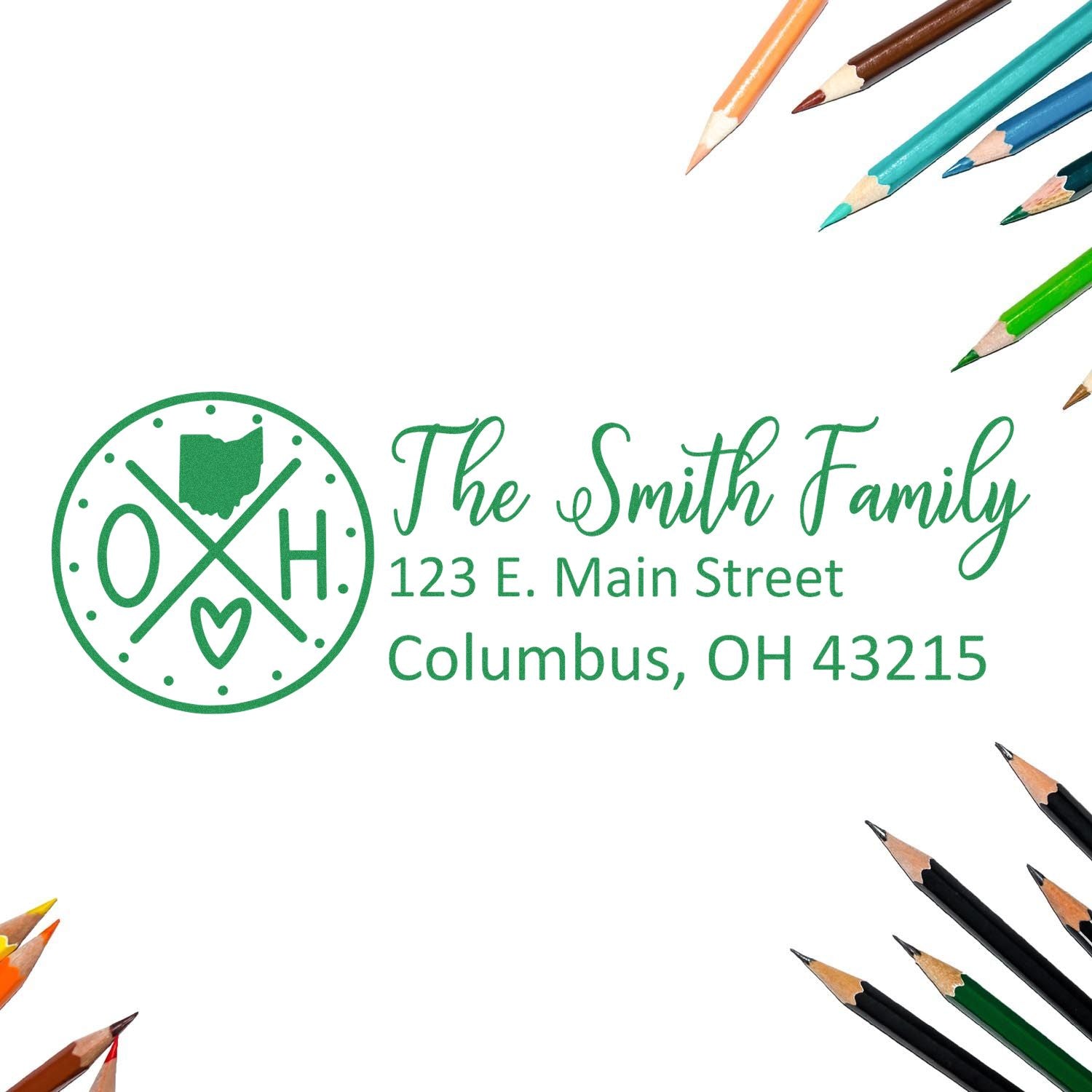 PSI Pre-Inked Ohio State Pride Customized Address Stamp featuring The Smith Family and an Ohio emblem, surrounded by colorful pencils.