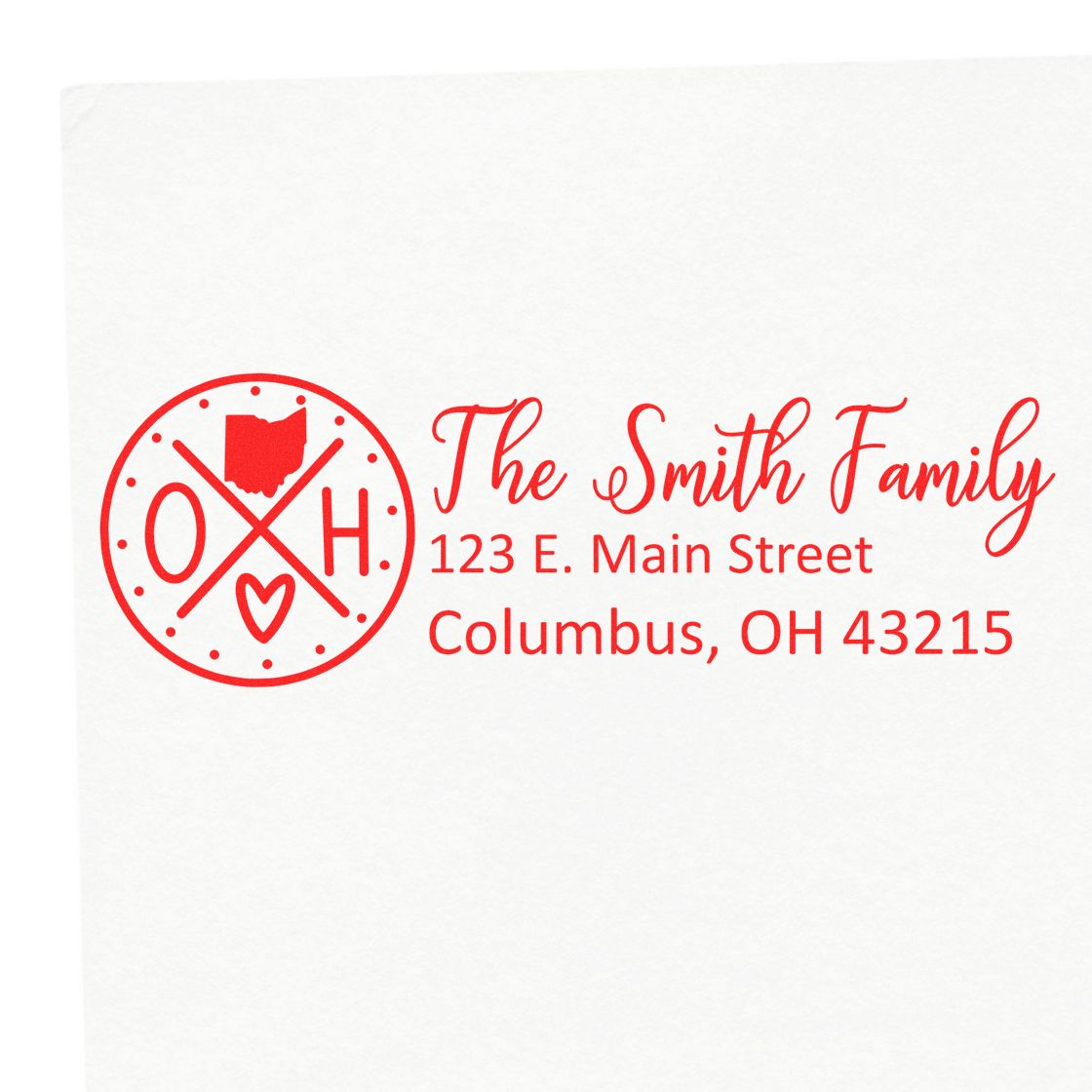 PSI Pre-Inked Ohio State Pride Customized Address Stamp in red ink, featuring The Smith Family and an Ohio-themed design with address: 123 E. Main Street, Columbus, OH 43215.