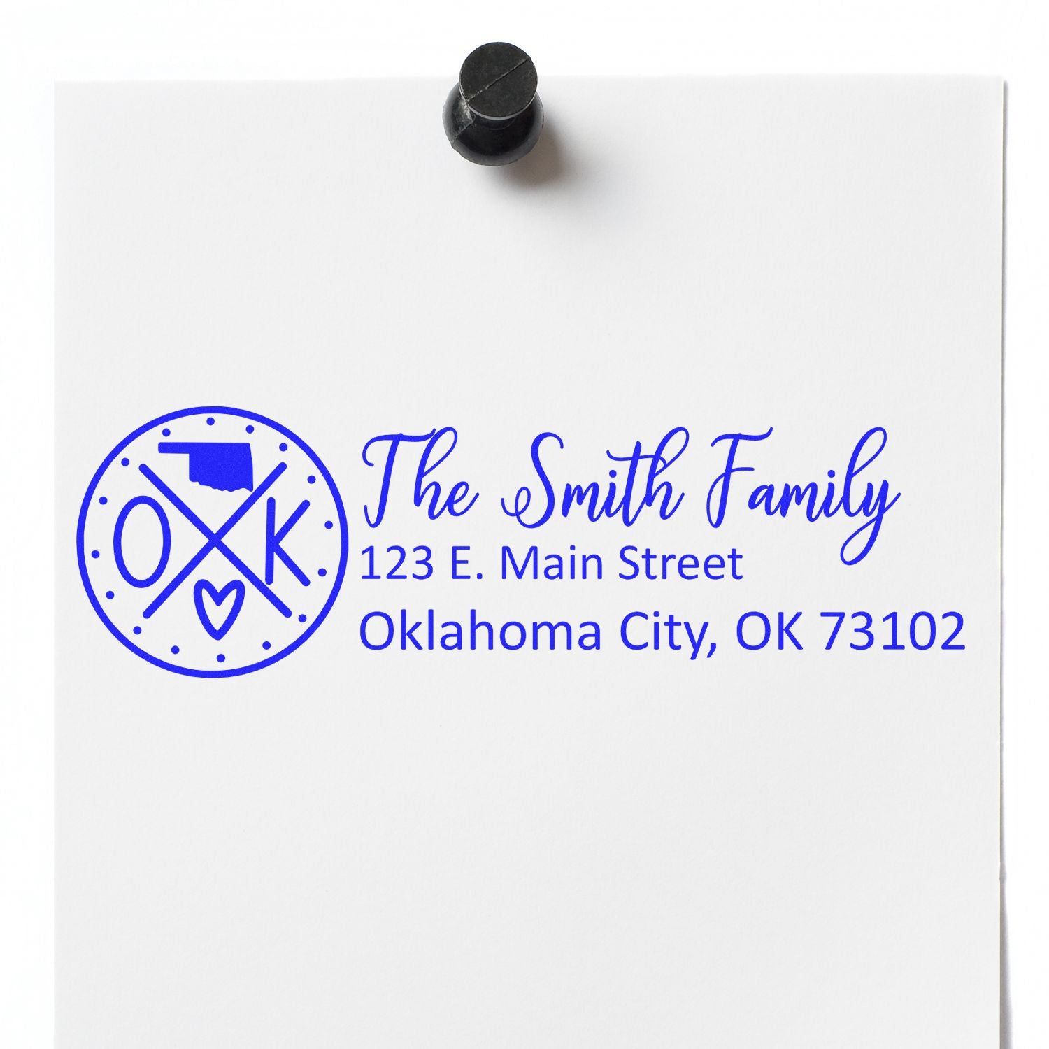 Oklahoma State Pride Customized Address Stamp on white paper, featuring a blue design with a heart and state outline, personalized with The Smith Family and an Oklahoma City address.