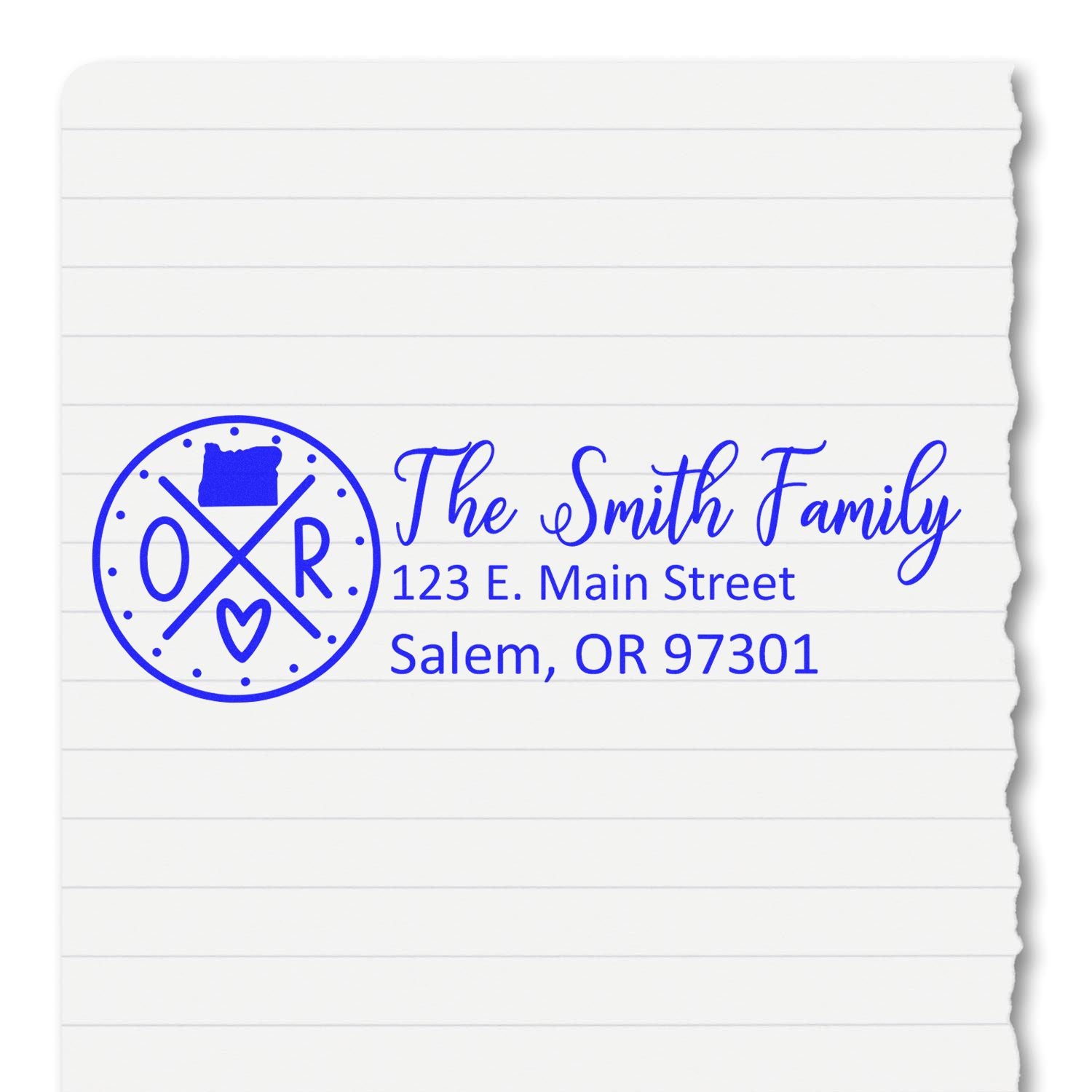 Oregon State Pride Customized Address Stamp featuring a blue design with The Smith Family and an address in Salem, OR, on lined paper. The stamp includes Oregon symbols and a heart.