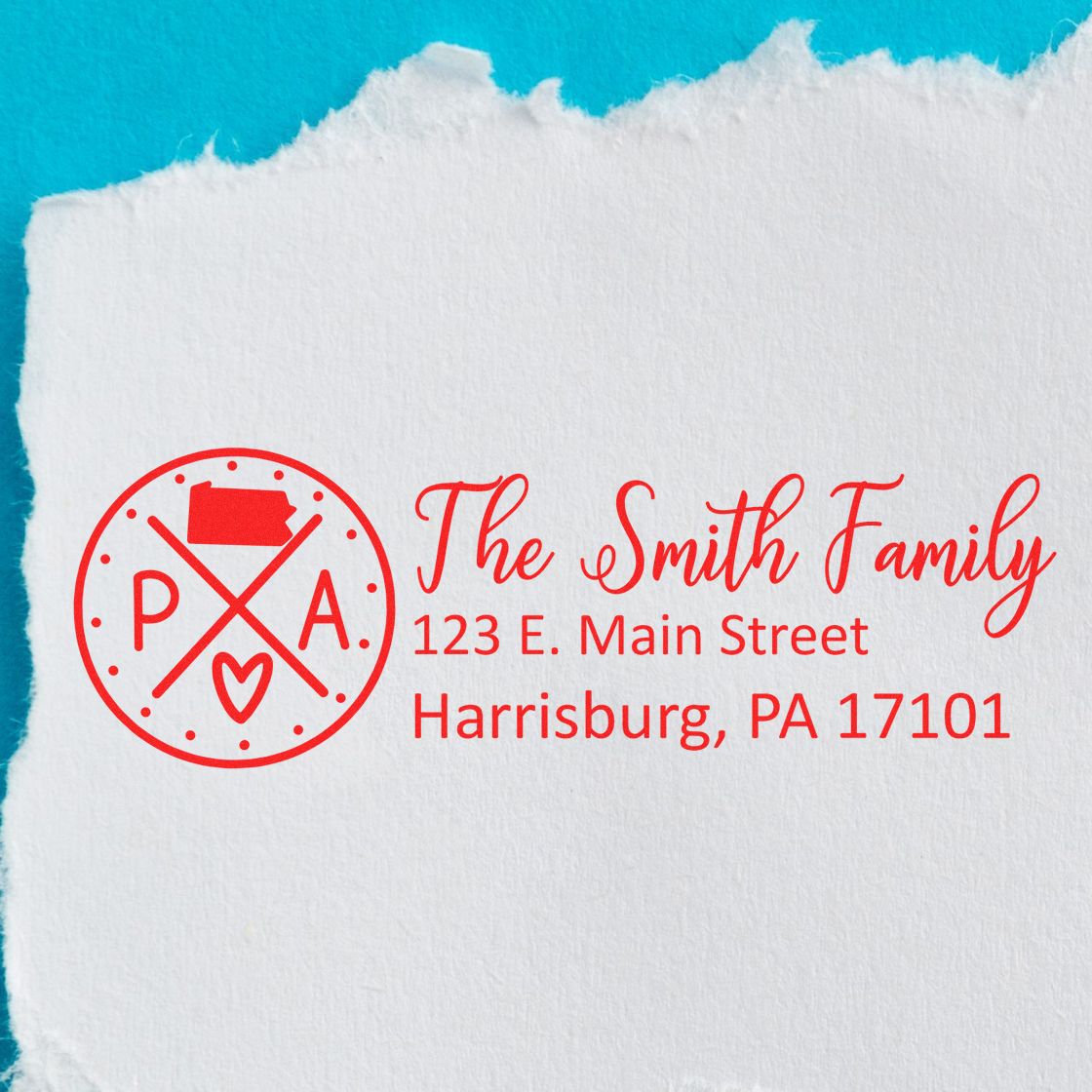 Self-Inking State Love of Pennsylvania Custom Address Stamp in red ink on white paper, featuring a Pennsylvania map, heart, and personalized address for the Smith Family in Harrisburg, PA.