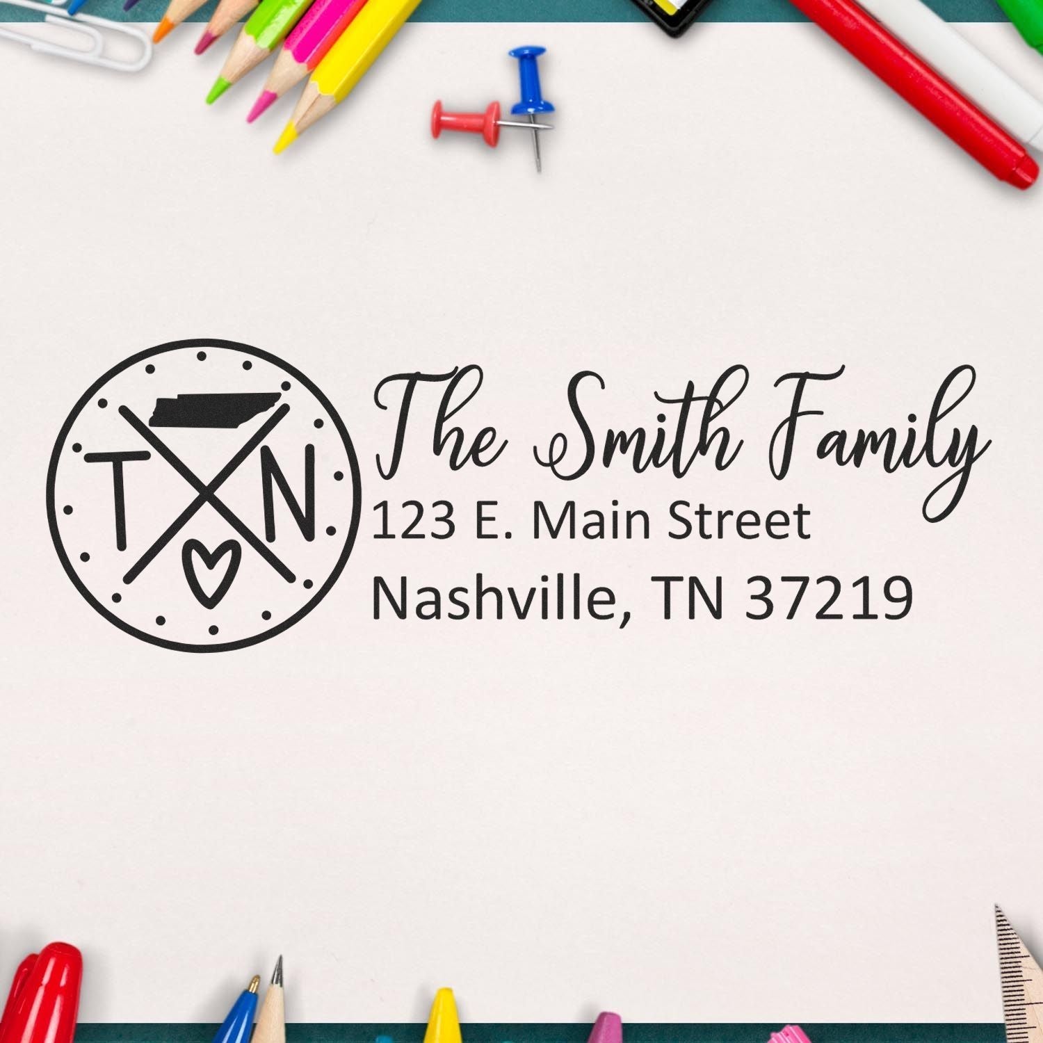 PSI Pre-Inked Tennessee State Pride Customized Address Stamp on paper with colorful stationery, featuring a TN state design and personalized address for The Smith Family, Nashville, TN.