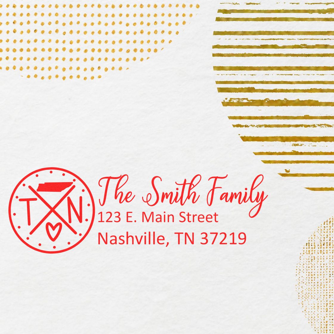 PSI Pre-Inked Tennessee State Pride Customized Address Stamp featuring a red TN design and personalized address for The Smith Family, 123 E. Main Street, Nashville, TN 37219, on a textured background.