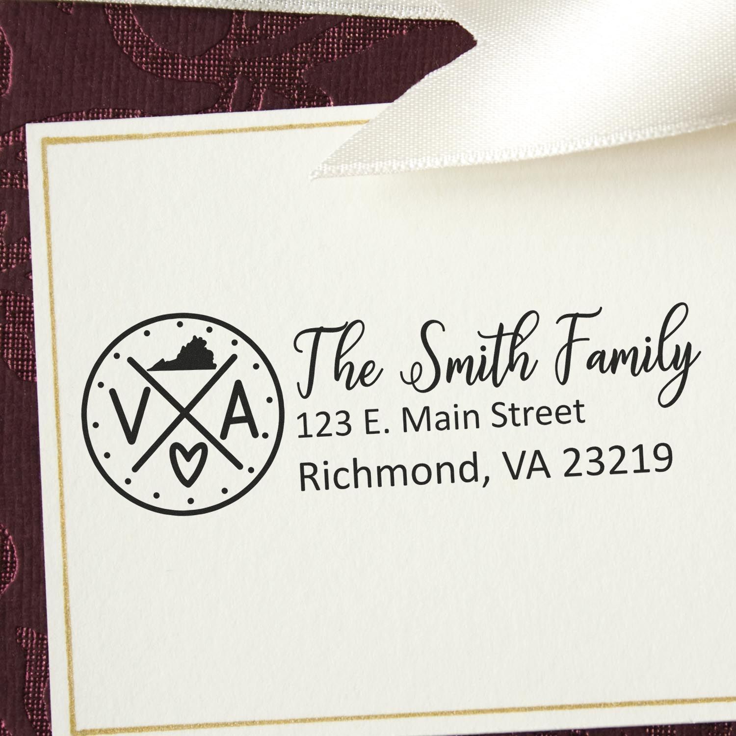 PSI Pre-Inked Virginia State Pride Customized Address Stamp on an envelope, featuring a circular VA design with a heart and state outline, personalized with The Smith Family and Richmond address.