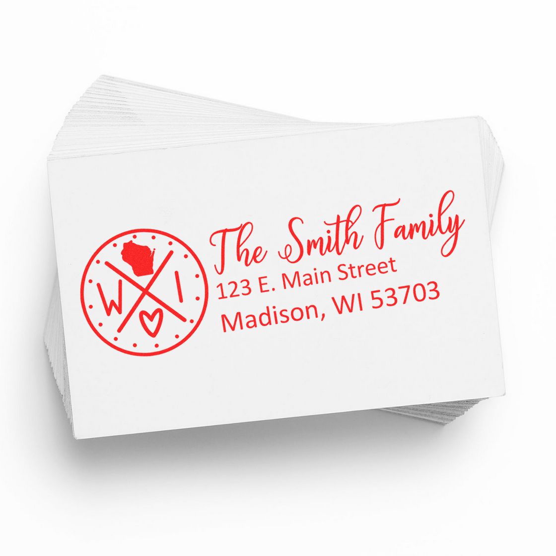 PSI Pre-Inked Wisconsin State Pride Customized Address Stamp on white paper, featuring red text with a Wisconsin map and heart design, displaying The Smith Family, 123 E. Main Street, Madison, WI 53703 .