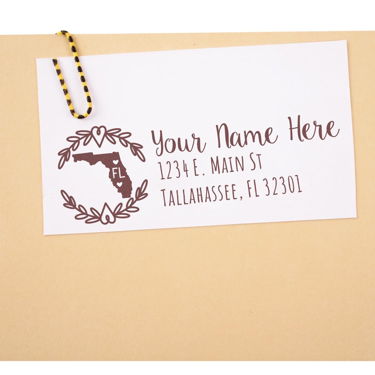 Florida State Custom Return Address Stamp on an envelope, featuring a decorative Florida map design with space for personalized name and address.