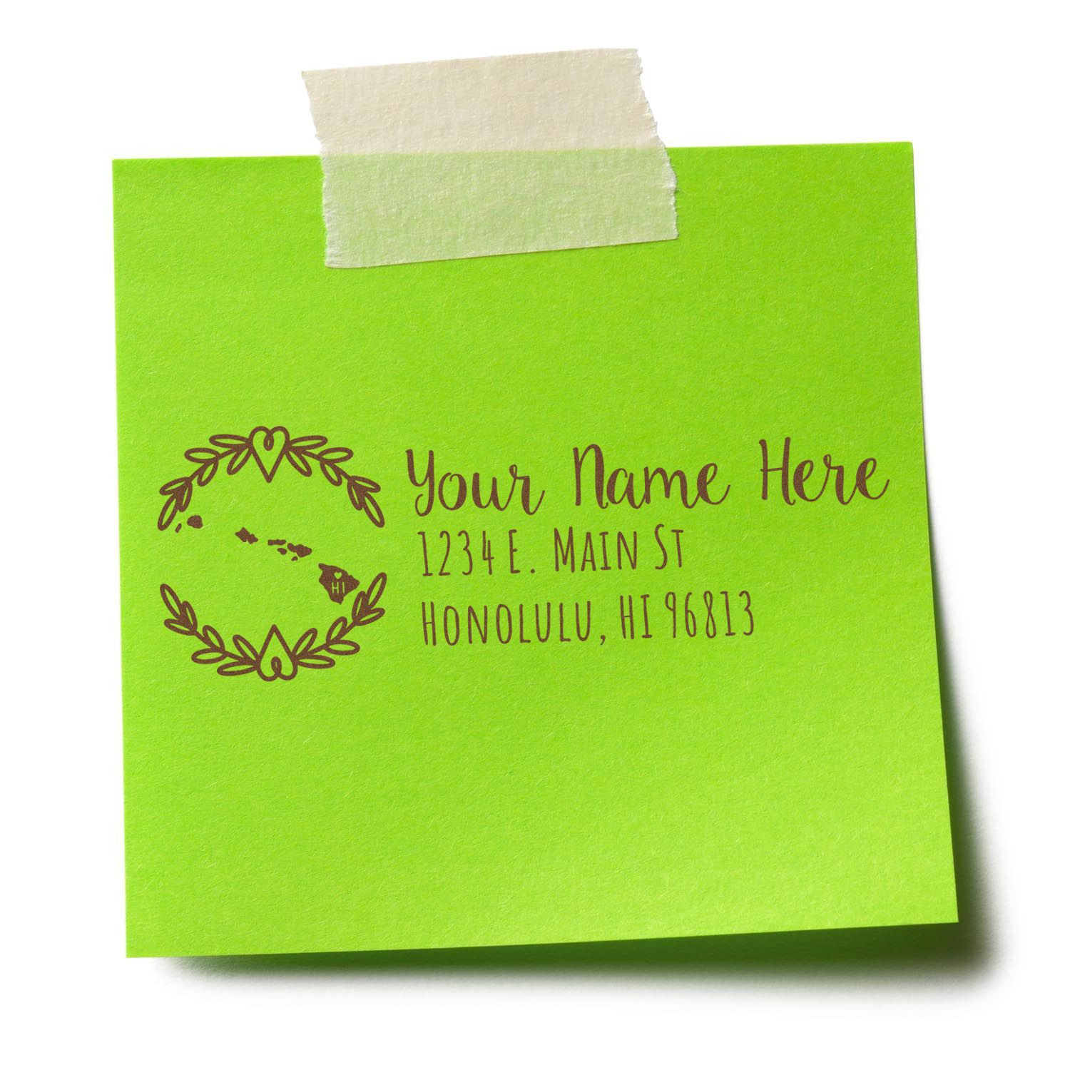 Green sticky note with a Hawaii State Custom Return Address Stamp design, featuring a floral border and placeholder text for name and address in Honolulu, HI.