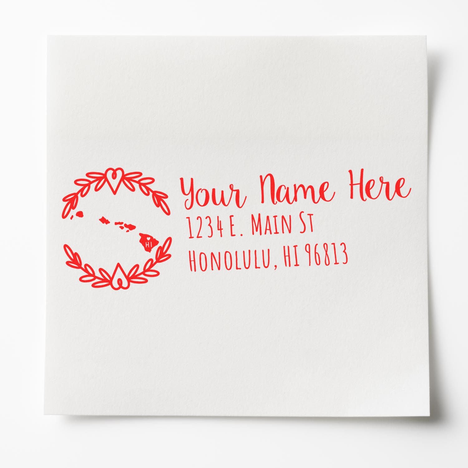 Hawaii State Custom Return Address Stamp in red ink on white paper, featuring a decorative map of Hawaii and space for personalized name and address.