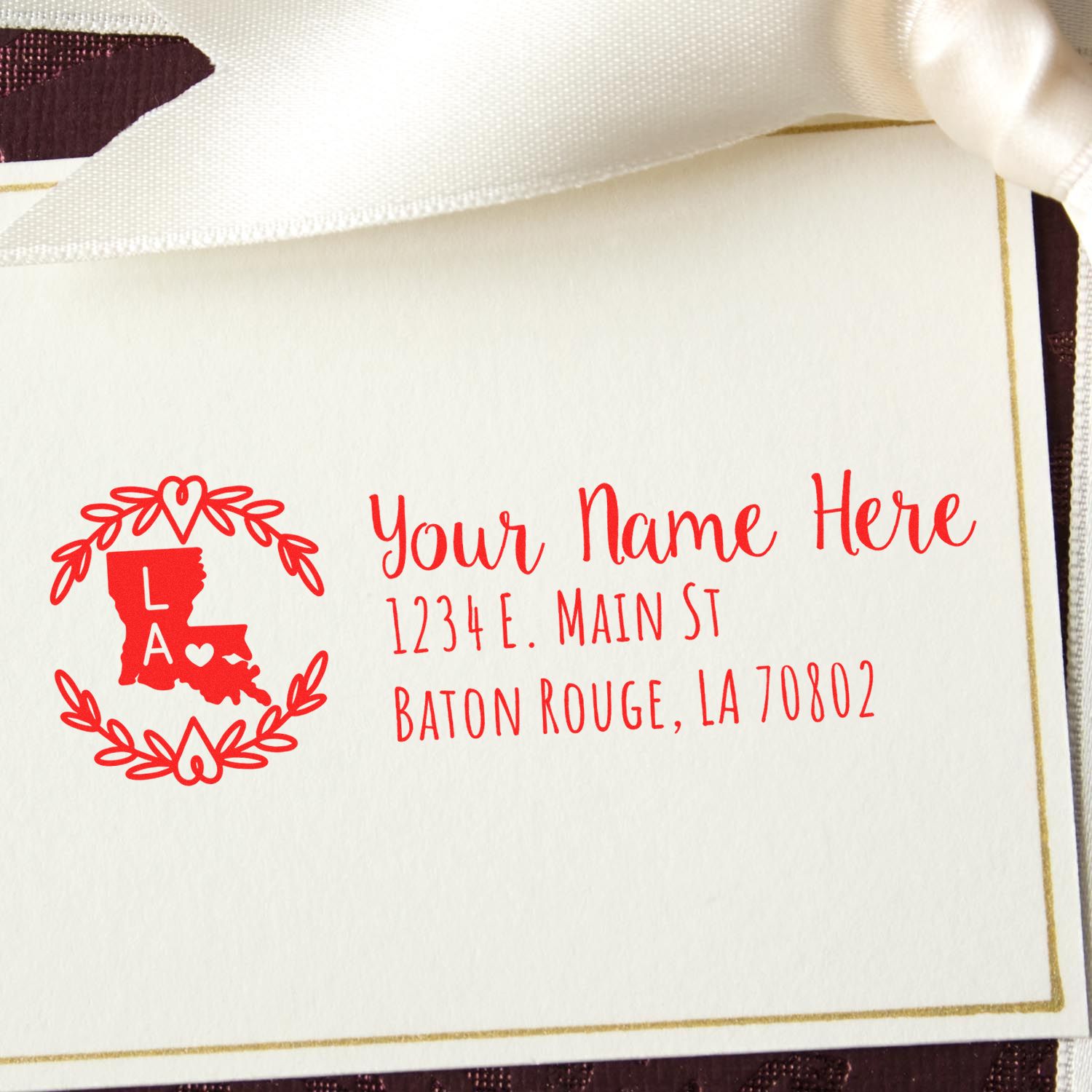 PSI Pre-Inked Louisiana State Customized Address Stamp on a card with a red state outline and address text. Perfect for personalizing mail with a touch of Louisiana charm.