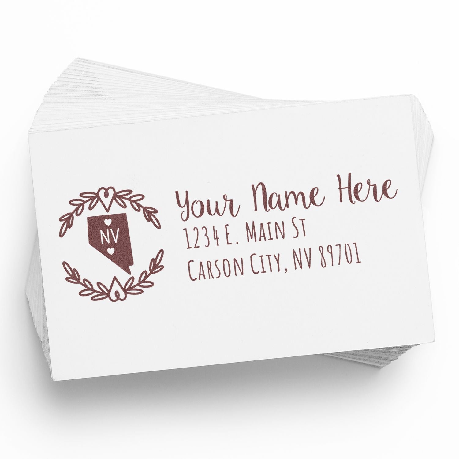 Nevada State Custom Return Address Stamp on a white card, featuring a decorative NV emblem and sample address text in elegant script. Perfect for personalizing mail with a touch of Nevada charm.