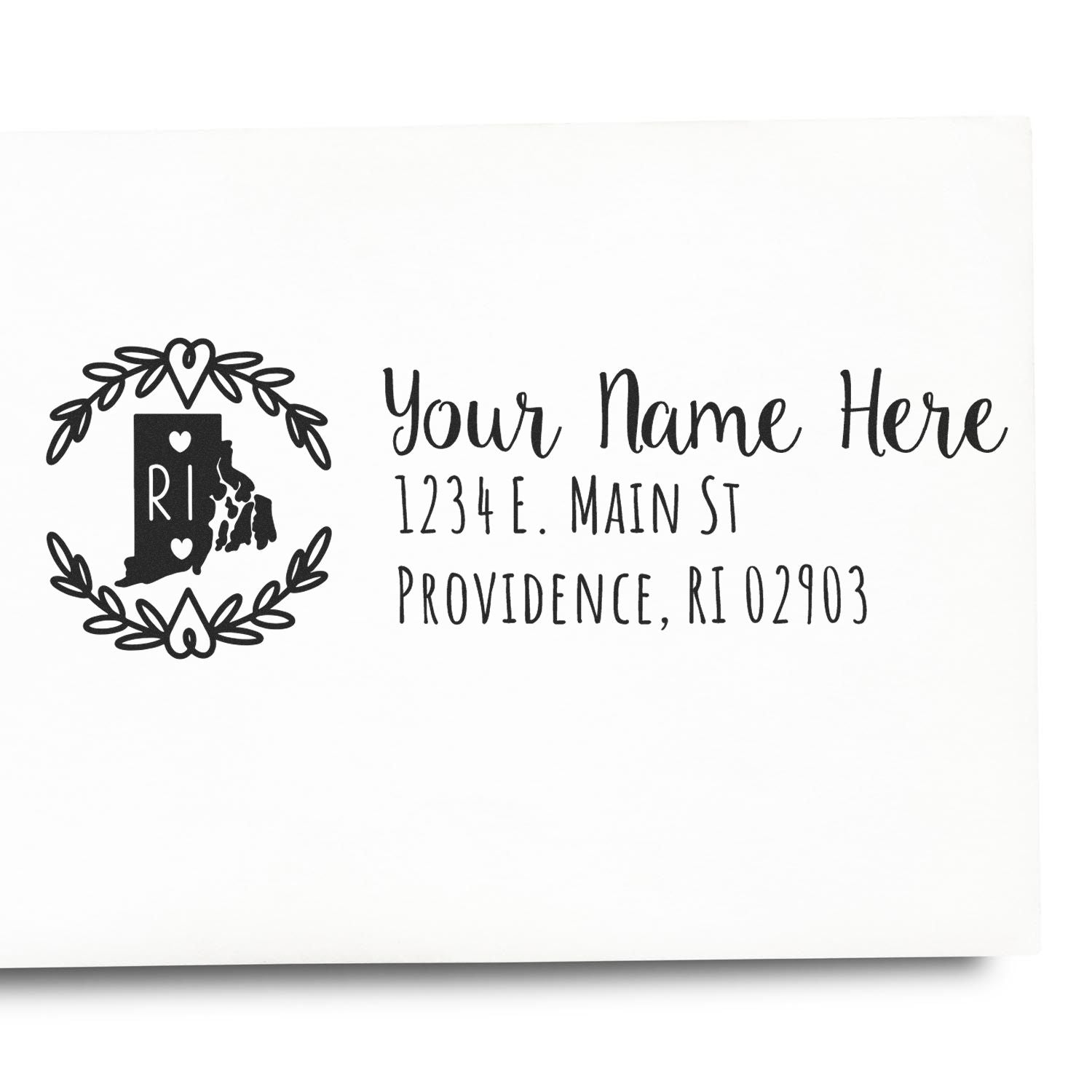 Image of a PSI Pre-Inked Rhode Island State Customized Address Stamp on an envelope, featuring a decorative state outline and sample address text in elegant font.