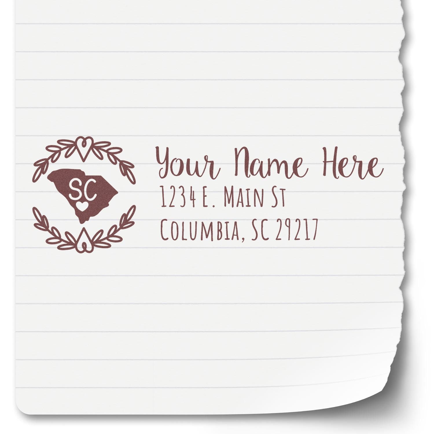 PSI Pre-Inked South Carolina State Customized Address Stamp on lined paper, featuring a decorative SC state outline with space for personalized name and address in elegant script.