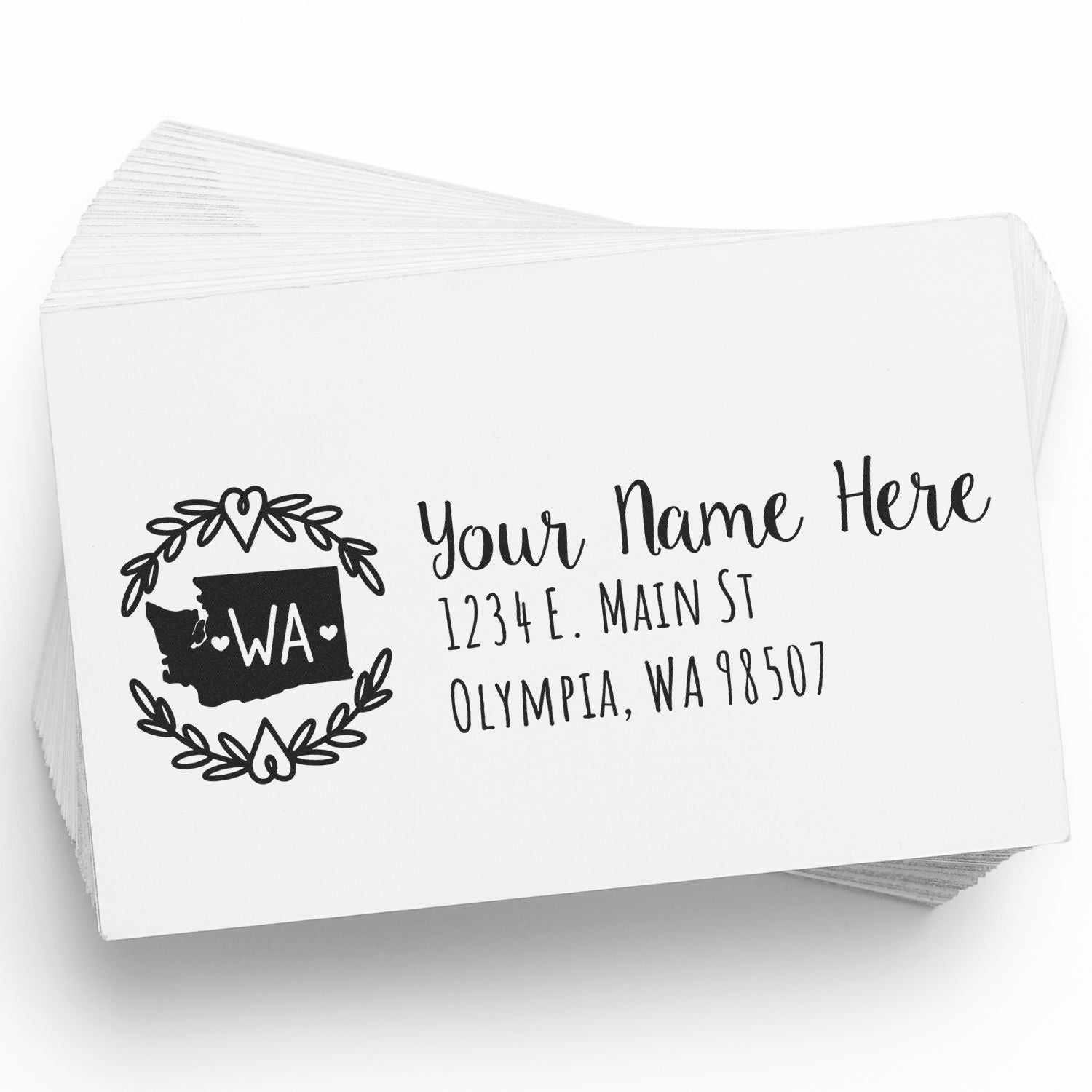 Washington State Custom Return Address Stamp on white paper, featuring a heart design and state outline with WA text, personalized with name and address in elegant script.