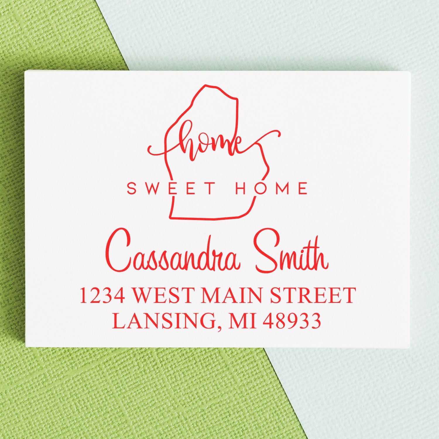 Wood Handle Home Sweet Home Michigan Personalized Address Return Stamp