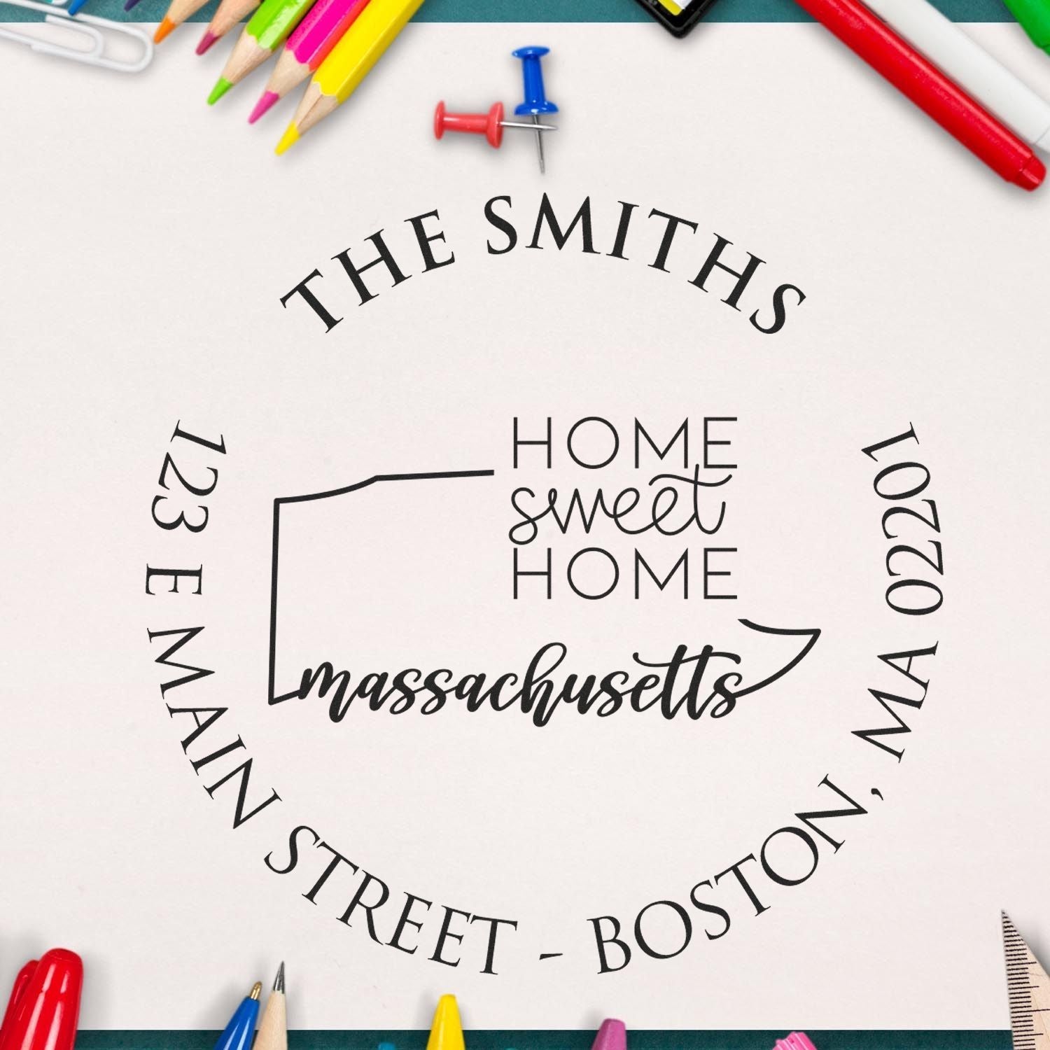 Round PSI Massachusetts State Home Sweet Home Personalized Address Label Pre-Inked Stamp