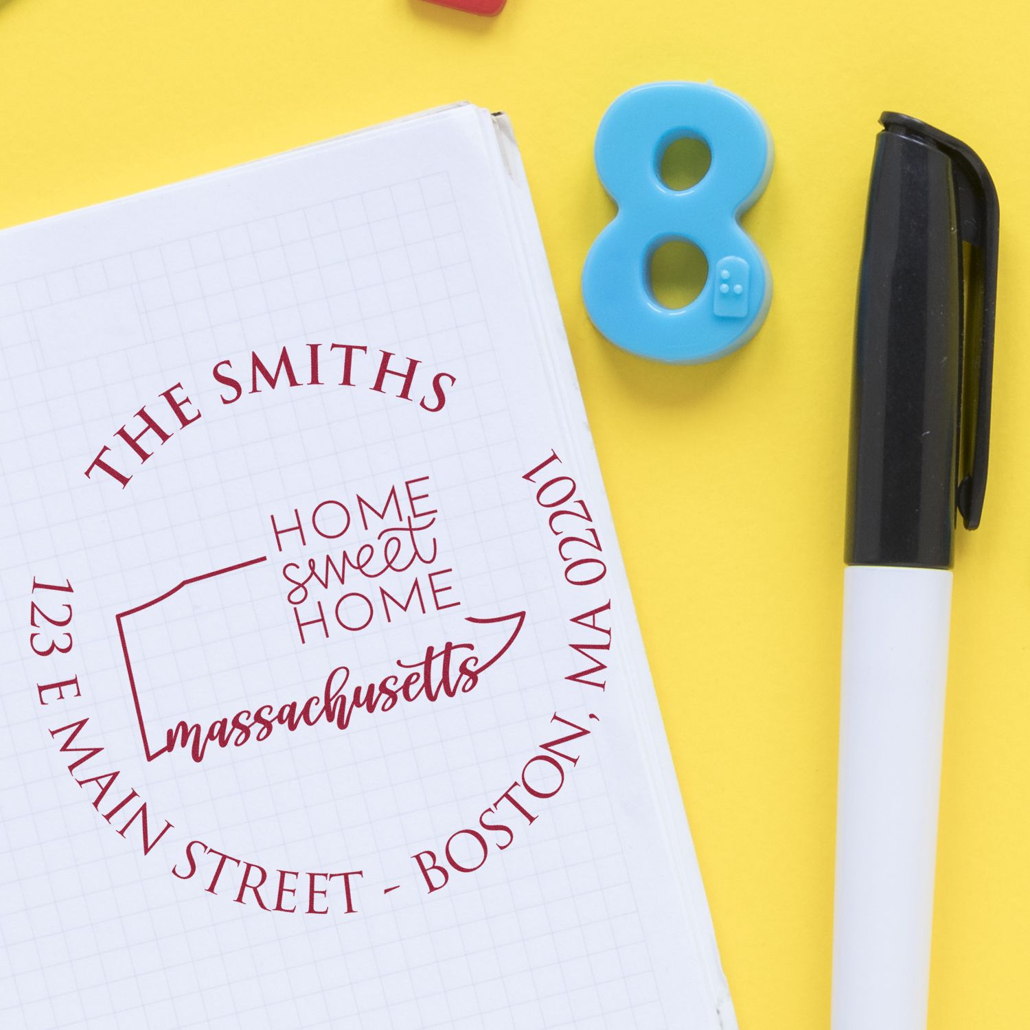 Round PSI Massachusetts State Home Sweet Home Personalized Address Label Pre-Inked Stamp