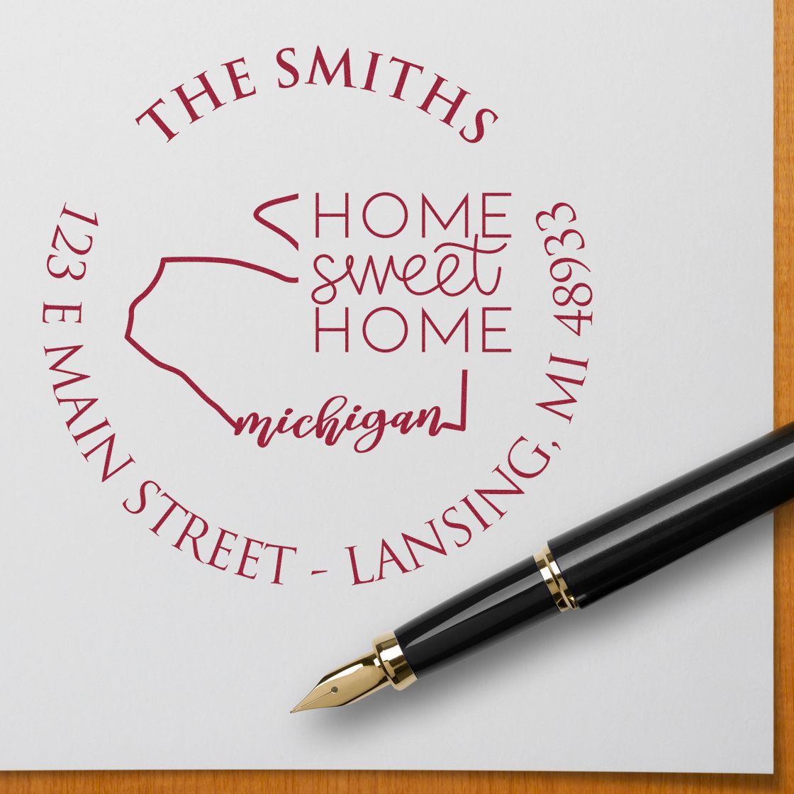 Wooden Handle Round Michigan State Home Sweet Home Custom Home Address Rubber Stamp