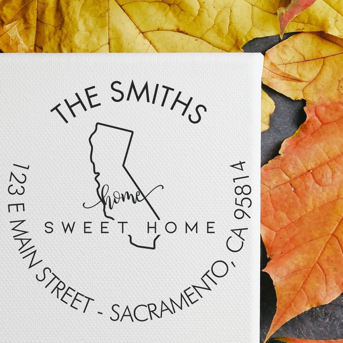 Wooden Handle Round Home Sweet Home for California Customizable Address Stamp