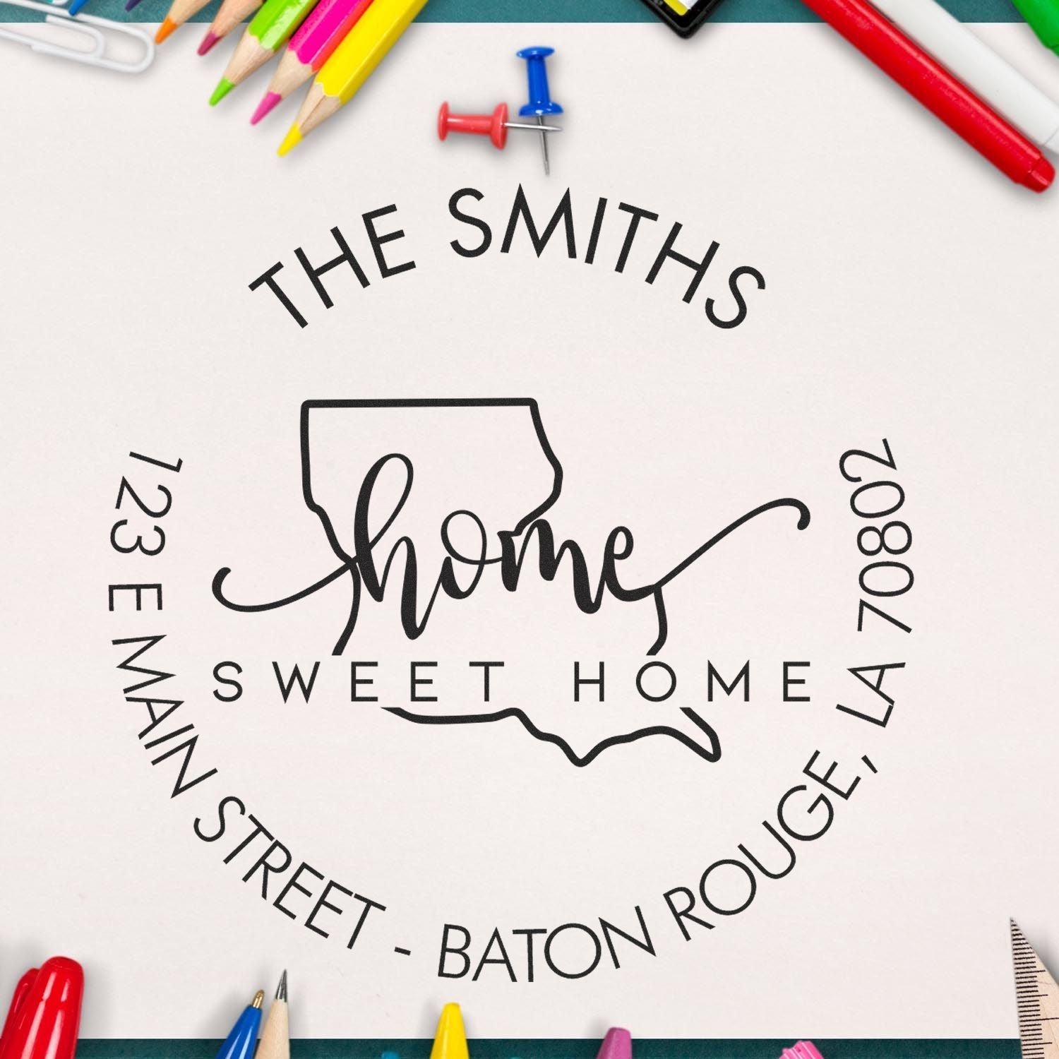 Wooden Handle Round Home Sweet Home for Louisiana Customizable Mail Rubber Stamp