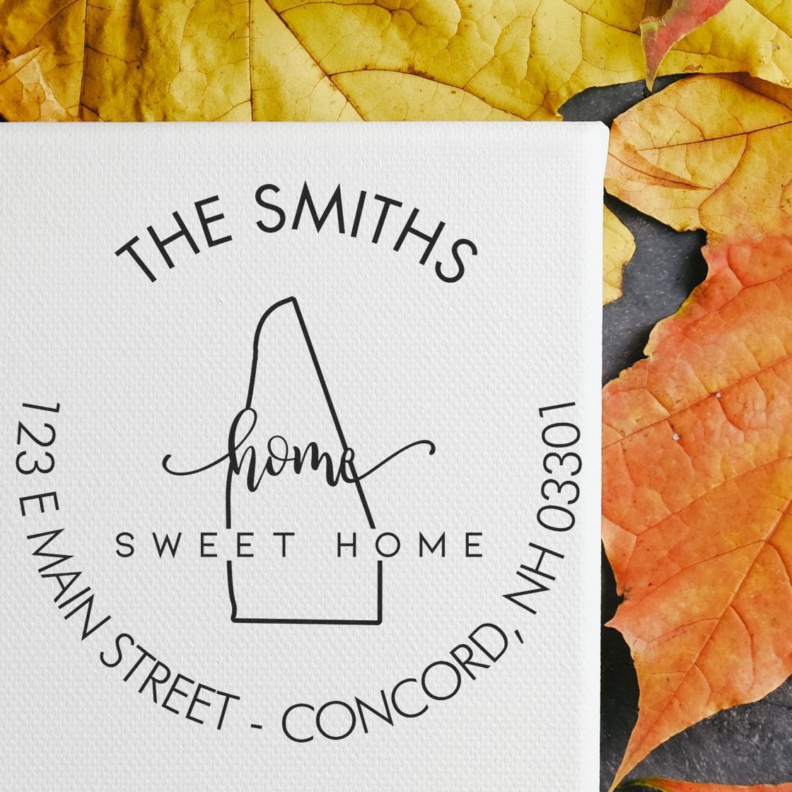 Wooden Handle Round Home Sweet Home for New Hampshire Customizable New Address Stamp