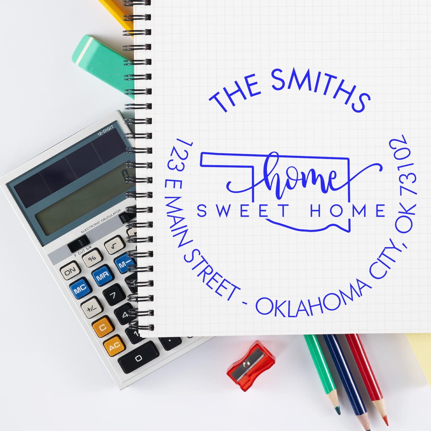 Wooden Handle Round Home Sweet Home for Oklahoma Customizable Return Address Rubber Stamp