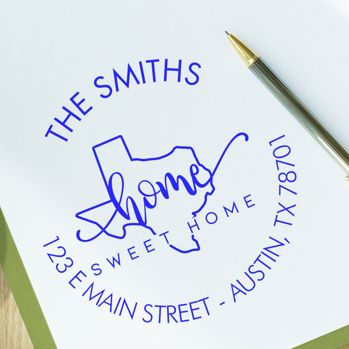 Wooden Handle Round Home Sweet Home for Texas Customized Address Rubber Stamp