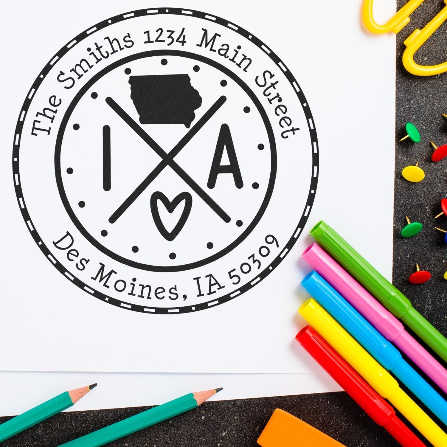 Self-Inking Round Iowa State Cross Customizable Return Address Stamp