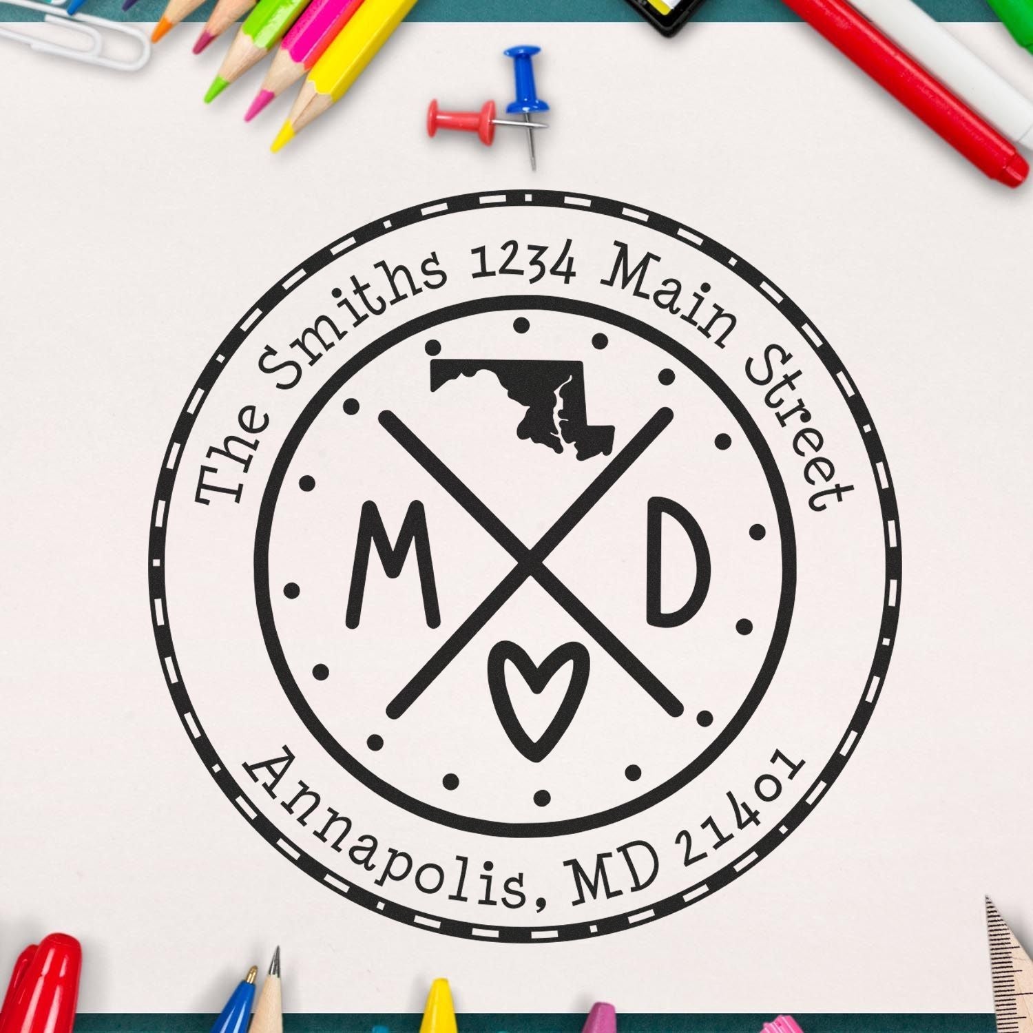 Self-Inking Round Maryland State Cross Customized Address Return Rubber Stamp