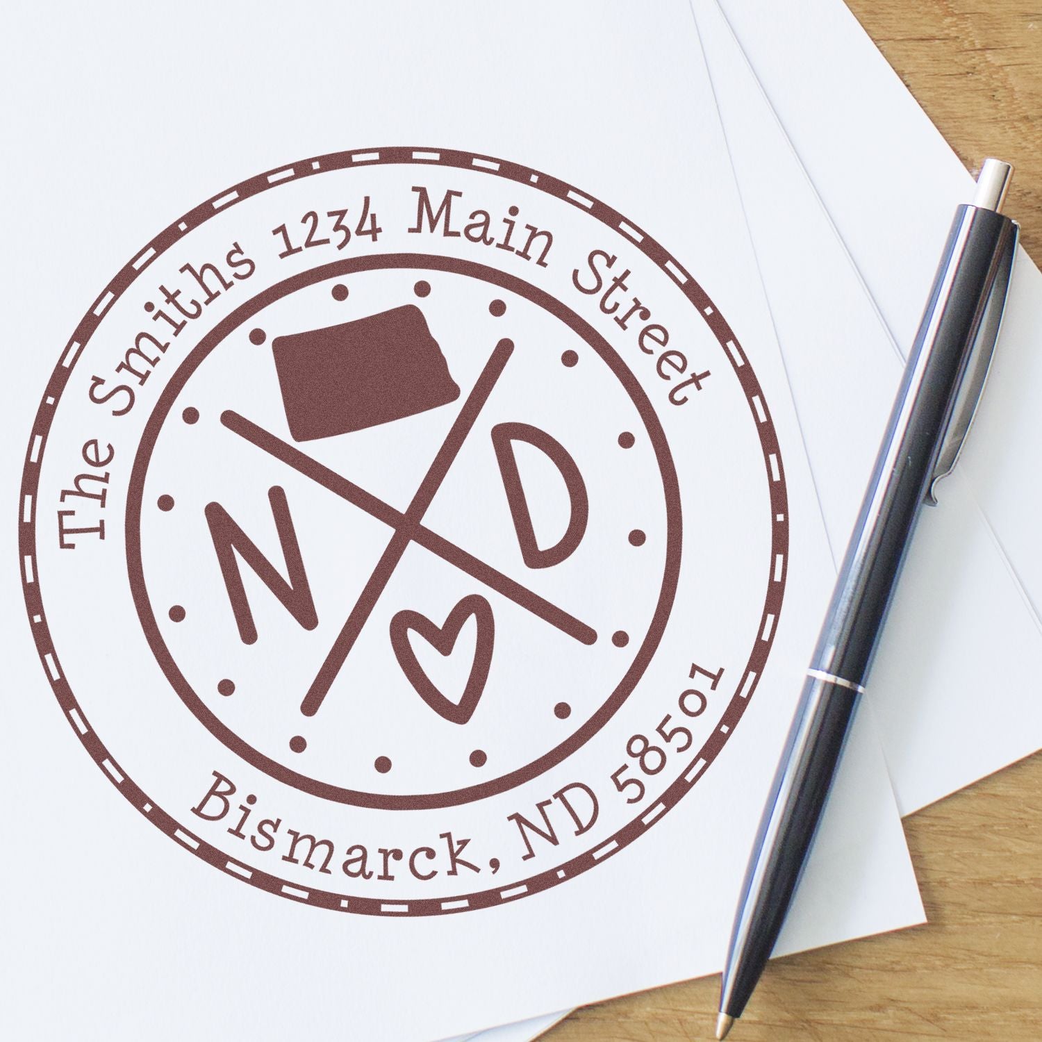 Wooden Handle Round North Dakota State Cross Custom-Made Home Address For Envelopes Rubber Stamp