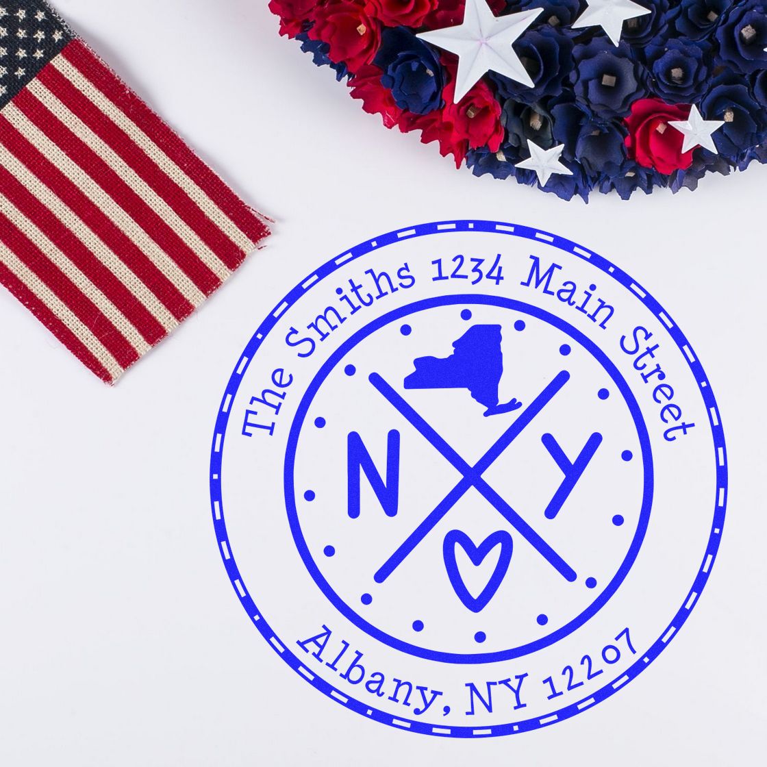 Round PSI New York State Cross Customizable Mailing Address Stamper