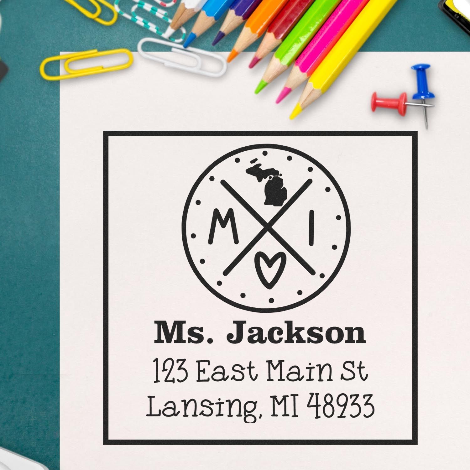 Self-Inking Michigan State Cross Customizable Mail Rubber Stamp