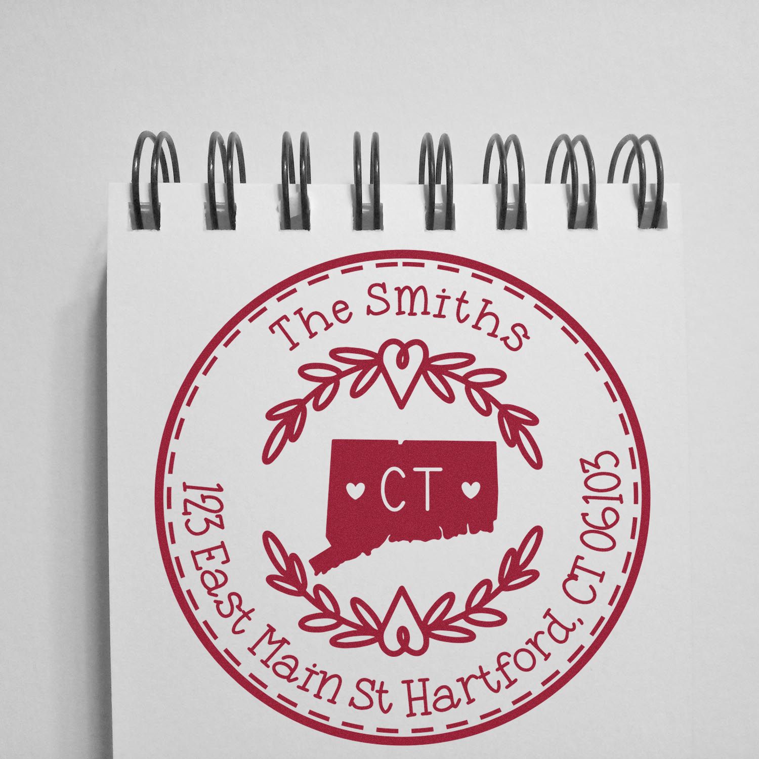 Wooden Handle Round Connecticut State Wreath Custom-Made New Home Address Rubber Stamp