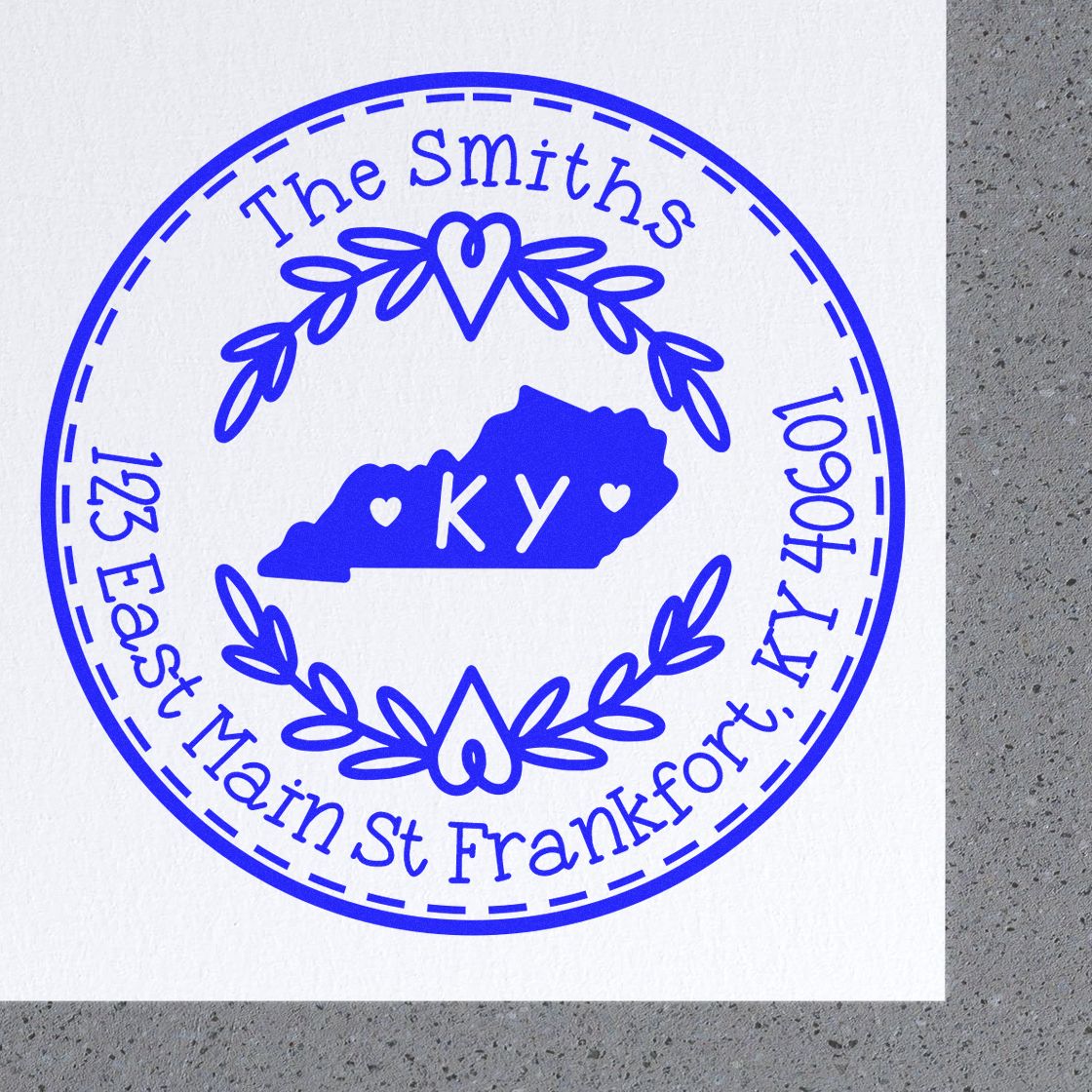 Wooden Handle Round Kentucky State Wreath Home Address Stamp